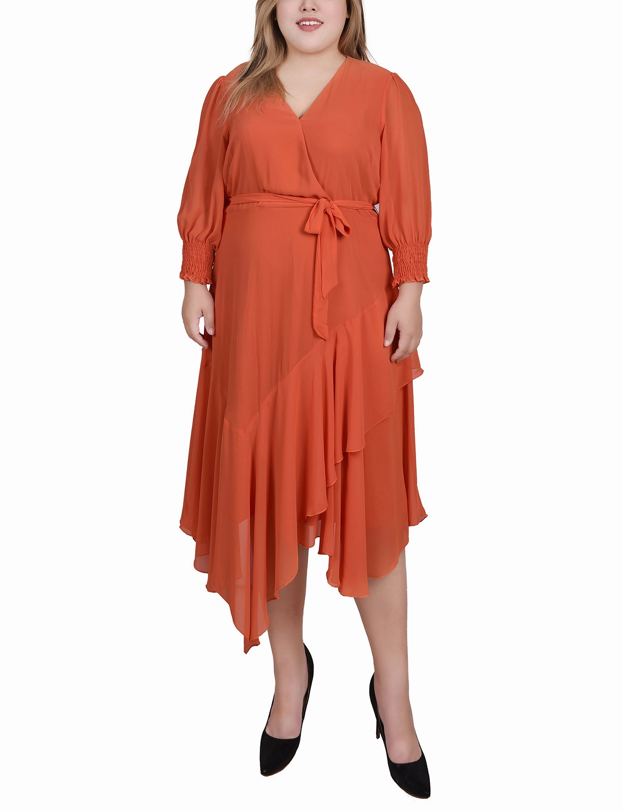 Plus Size 3/4 Sleeve Belted Chiffon Hankerchief Hem Dress Zip-Closure Boho Tone