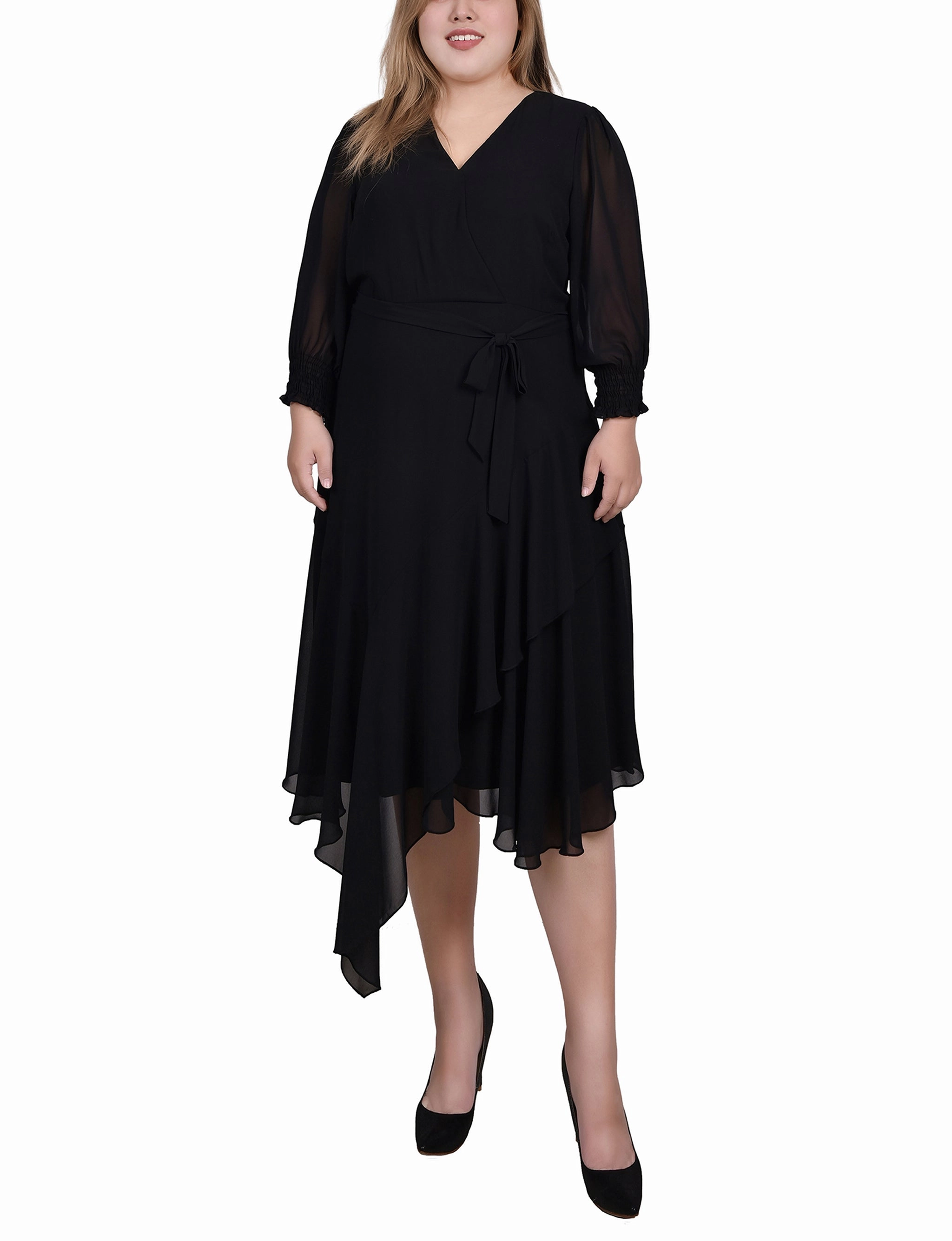 Holiday-Party Bold Color Plus Size 3/4 Sleeve Belted Chiffon Hankerchief Hem Dress