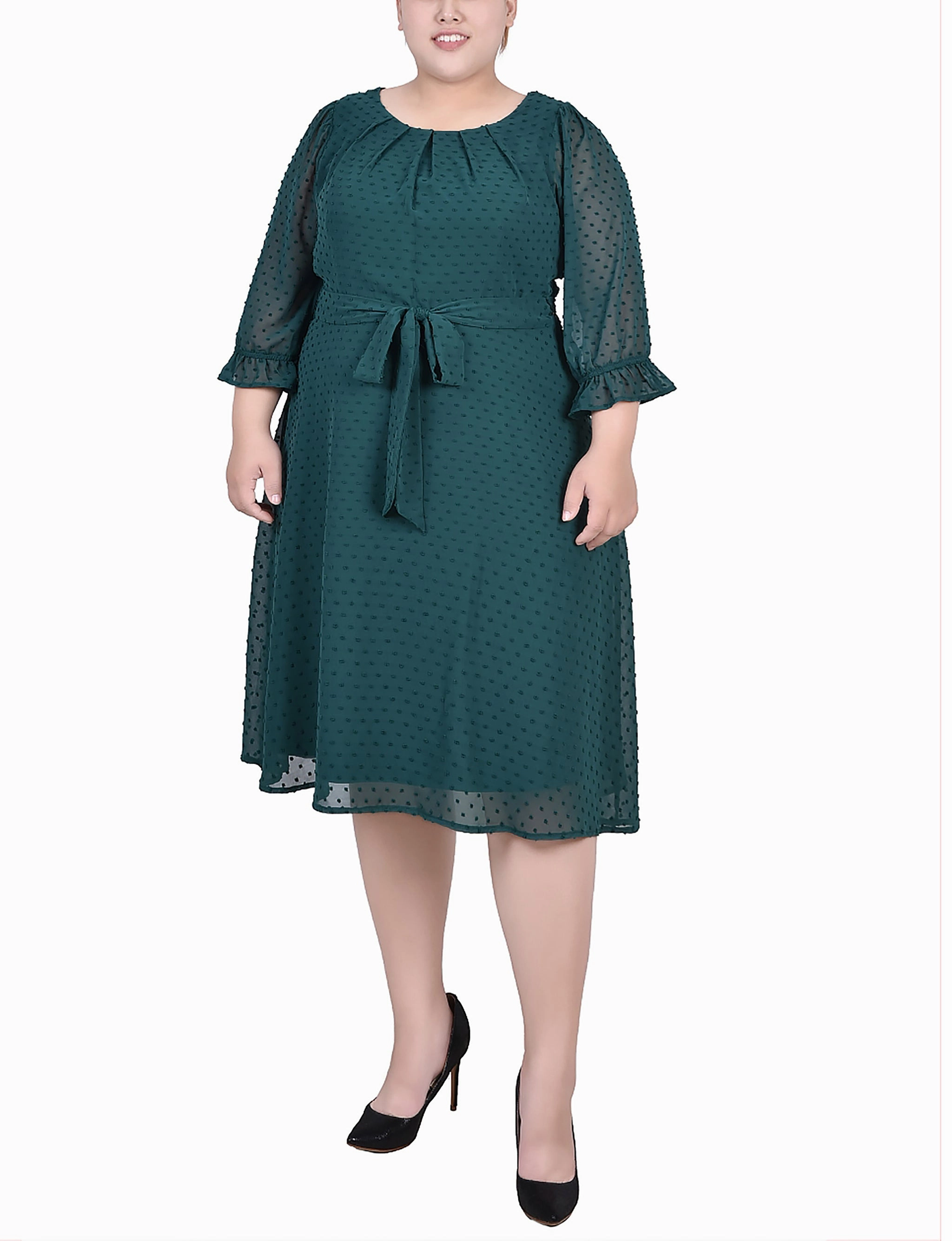 Plus Size 3/4 Sleeve Belted Swiss Dot Dress Elegant Simplicity