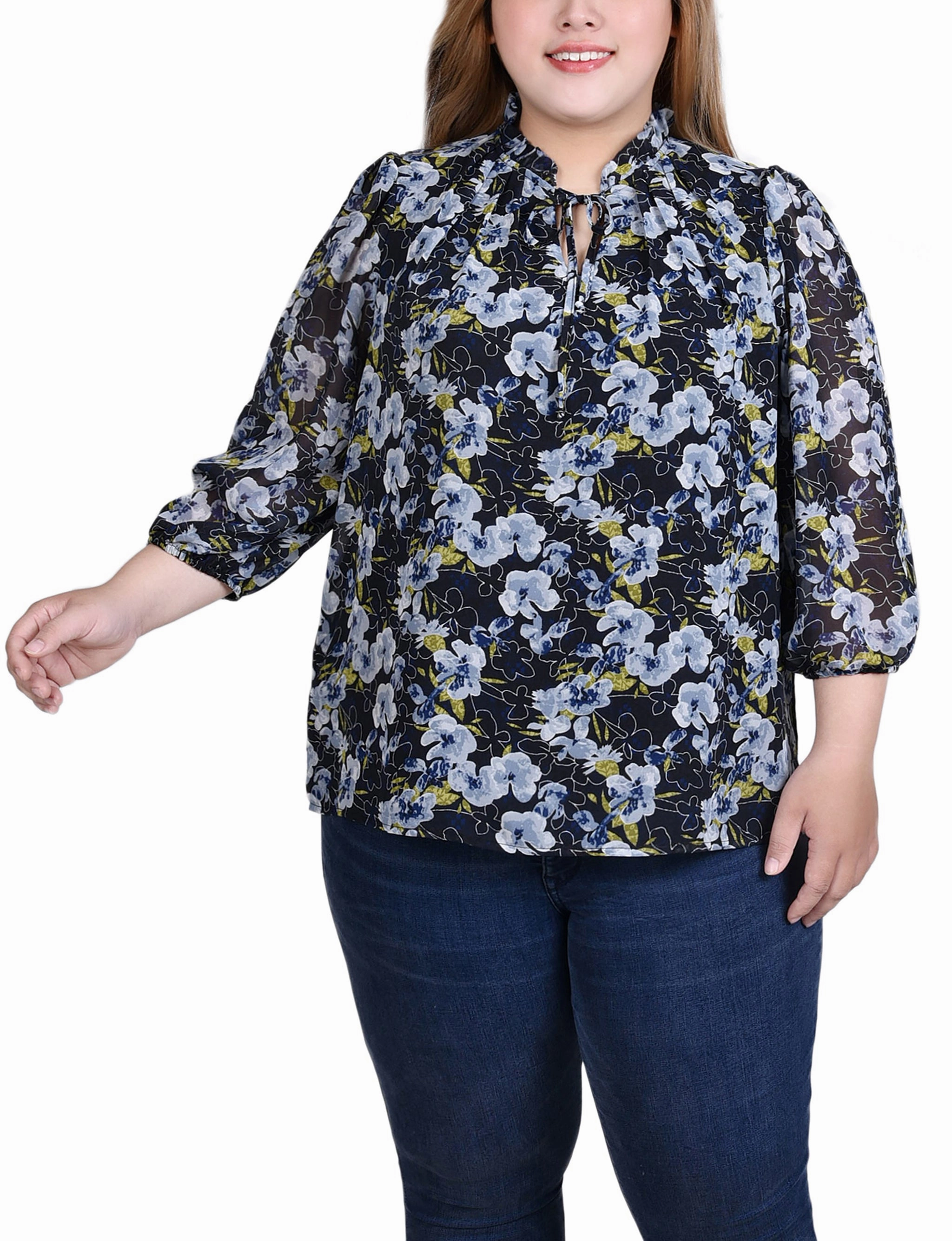 PunctureResistantReinforcement Plus Size 3/4 Sleeve Chiffon Blouse
