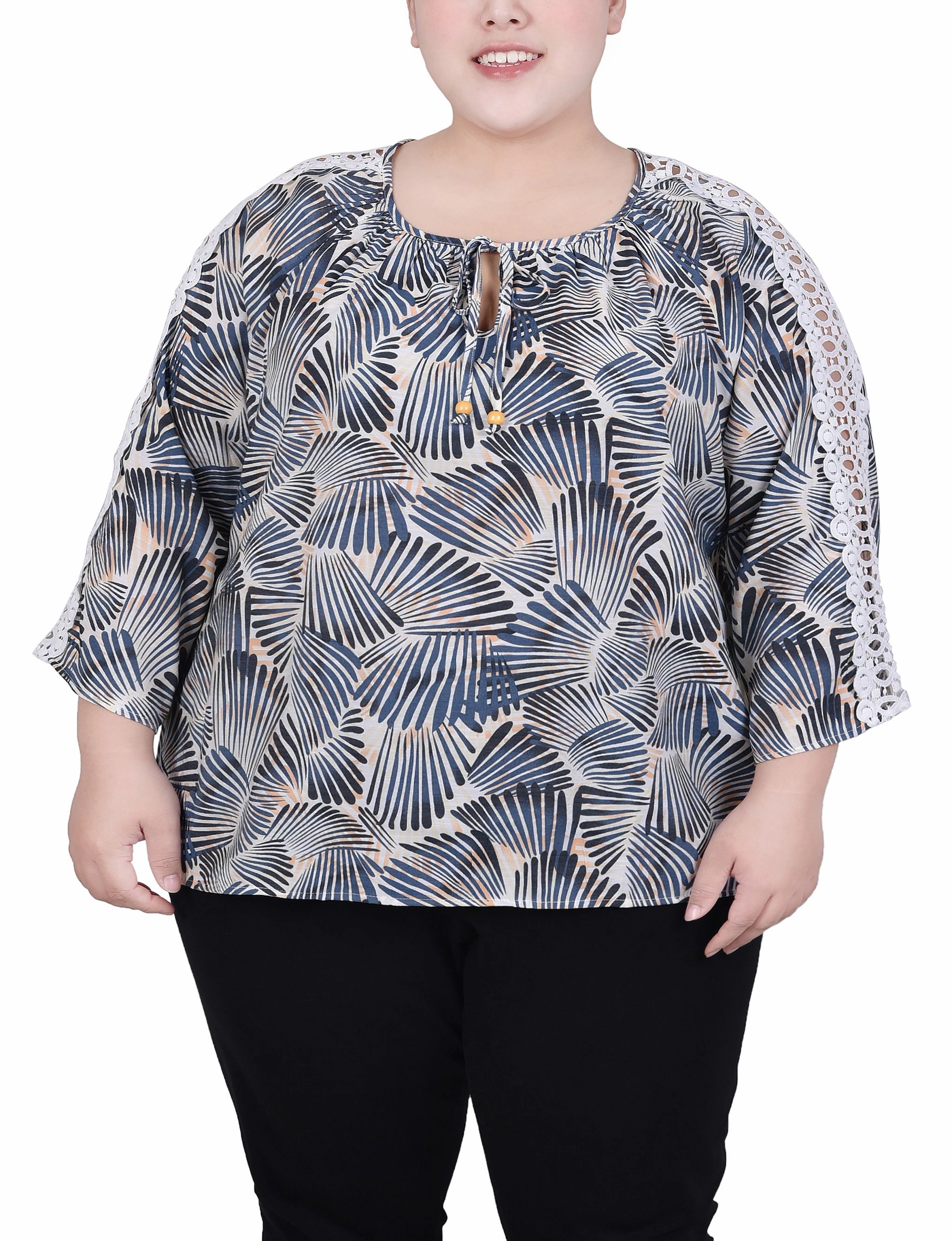 Plus Size 3/4 Sleeve Crochet Detail Blouse MoistureWicking