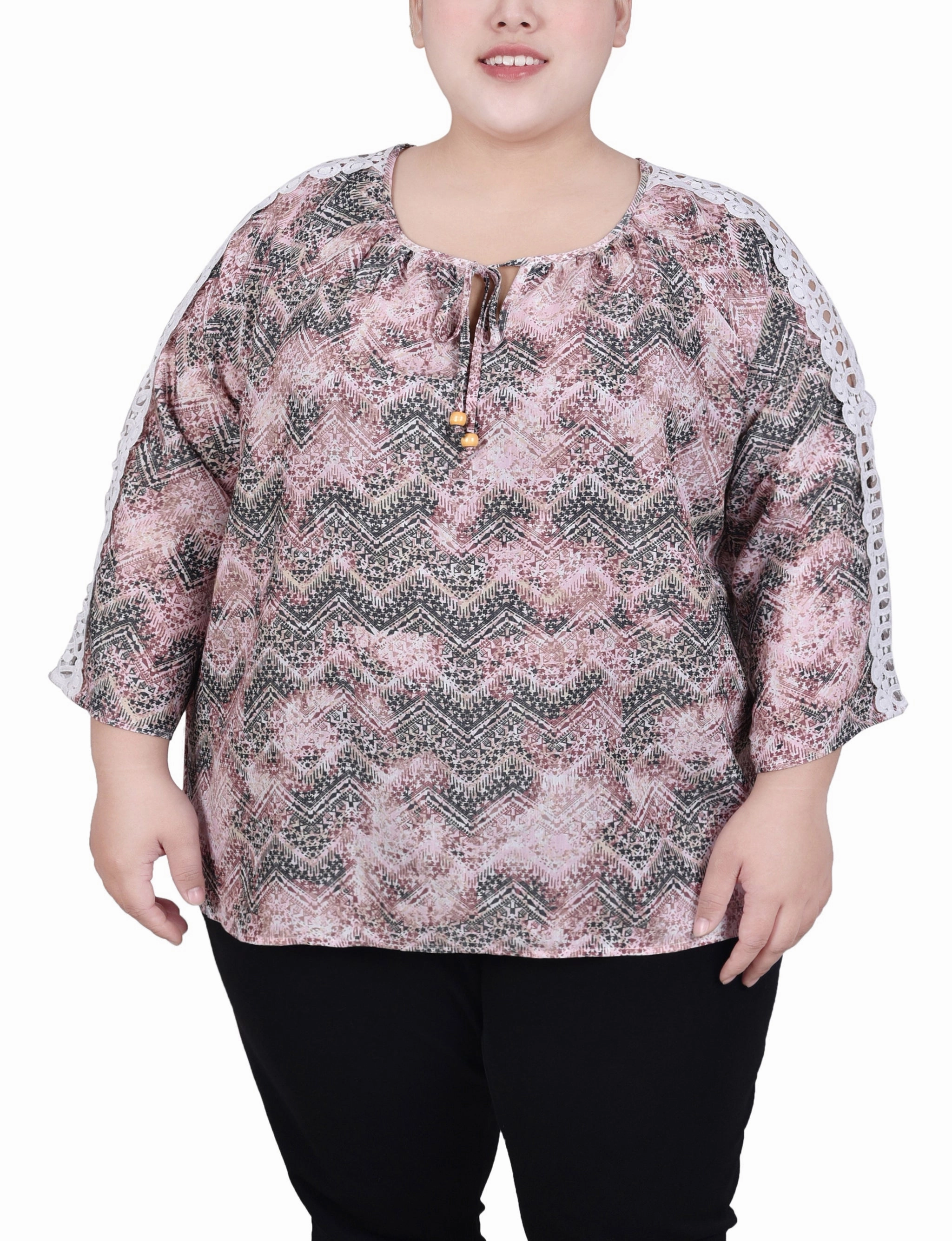 NoSlipGripperBand Plus Size 3/4 Sleeve Crochet Detail Blouse