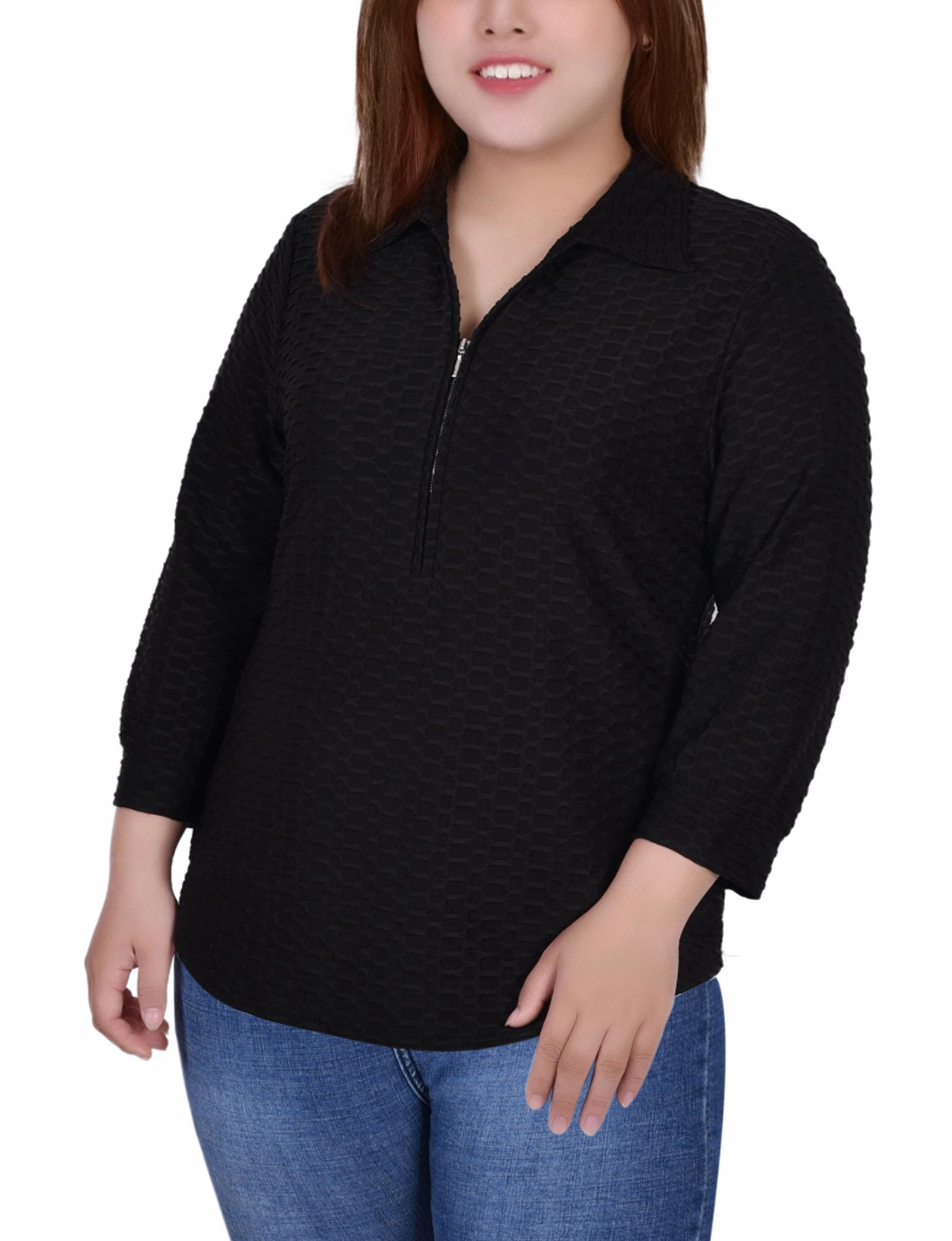 Durable Construction LowMaintenanceFabric Plus Size 3/4 Sleeve Honeycomb Half Zip Collared Top