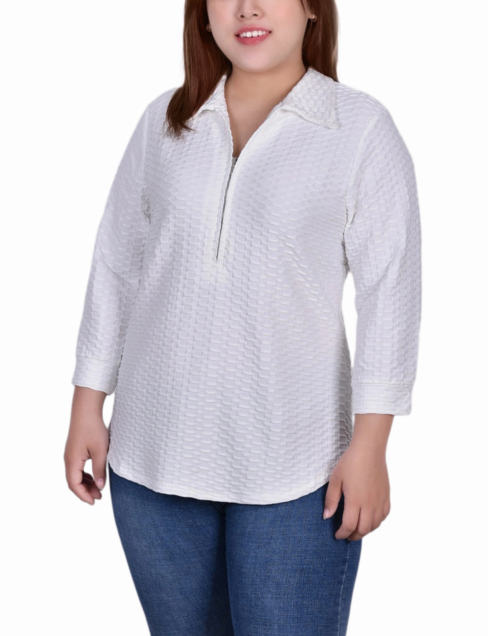 Comfortable Collar Plus Size 3/4 Sleeve Honeycomb Half Zip Collared Top