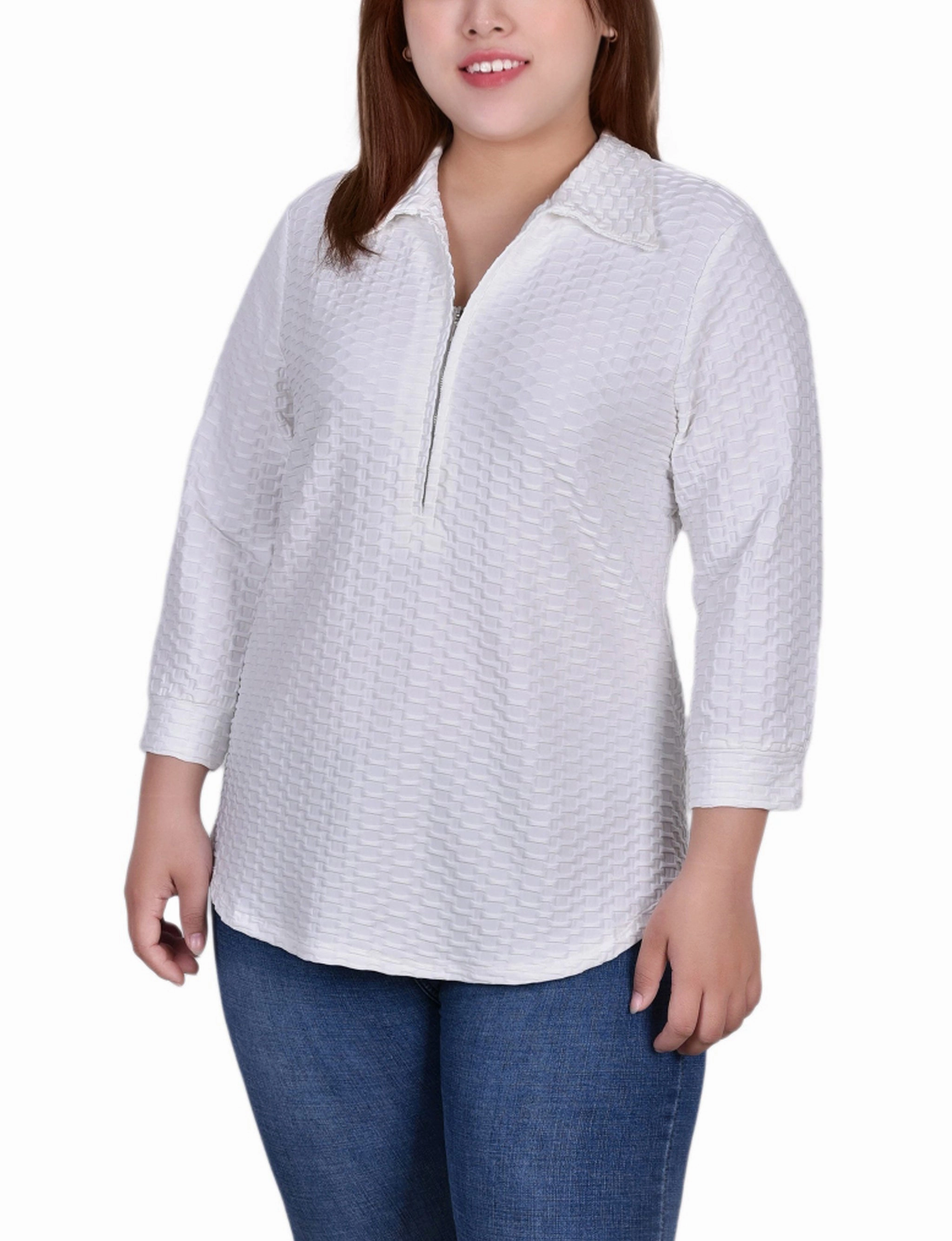 Plus Size 3/4 Sleeve Honeycomb Half Zip Collared Top Clean Fit Lightweight Comfort