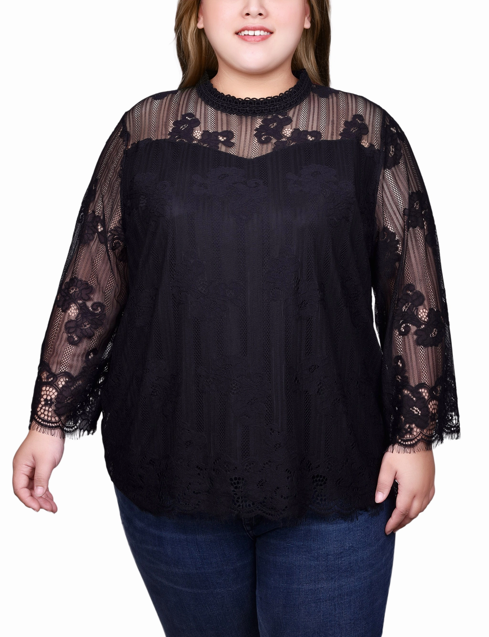 Neutral Tone Palette Plus Size 3/4 Sleeve Lace Blouse