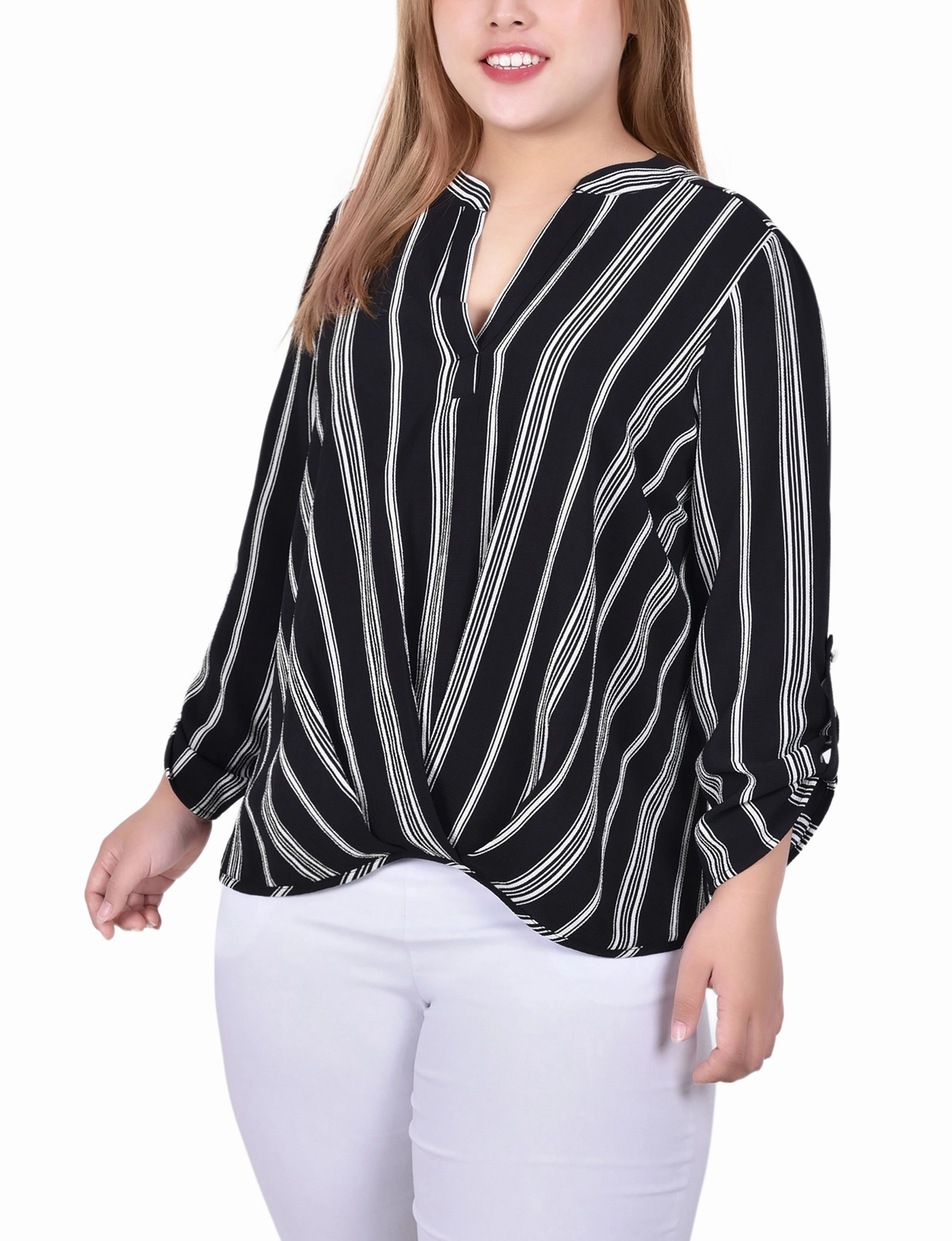 Multi Directional Zipper Placement Plus Size 3/4 Sleeve Mandarin Collar Blouse With Front Pleats