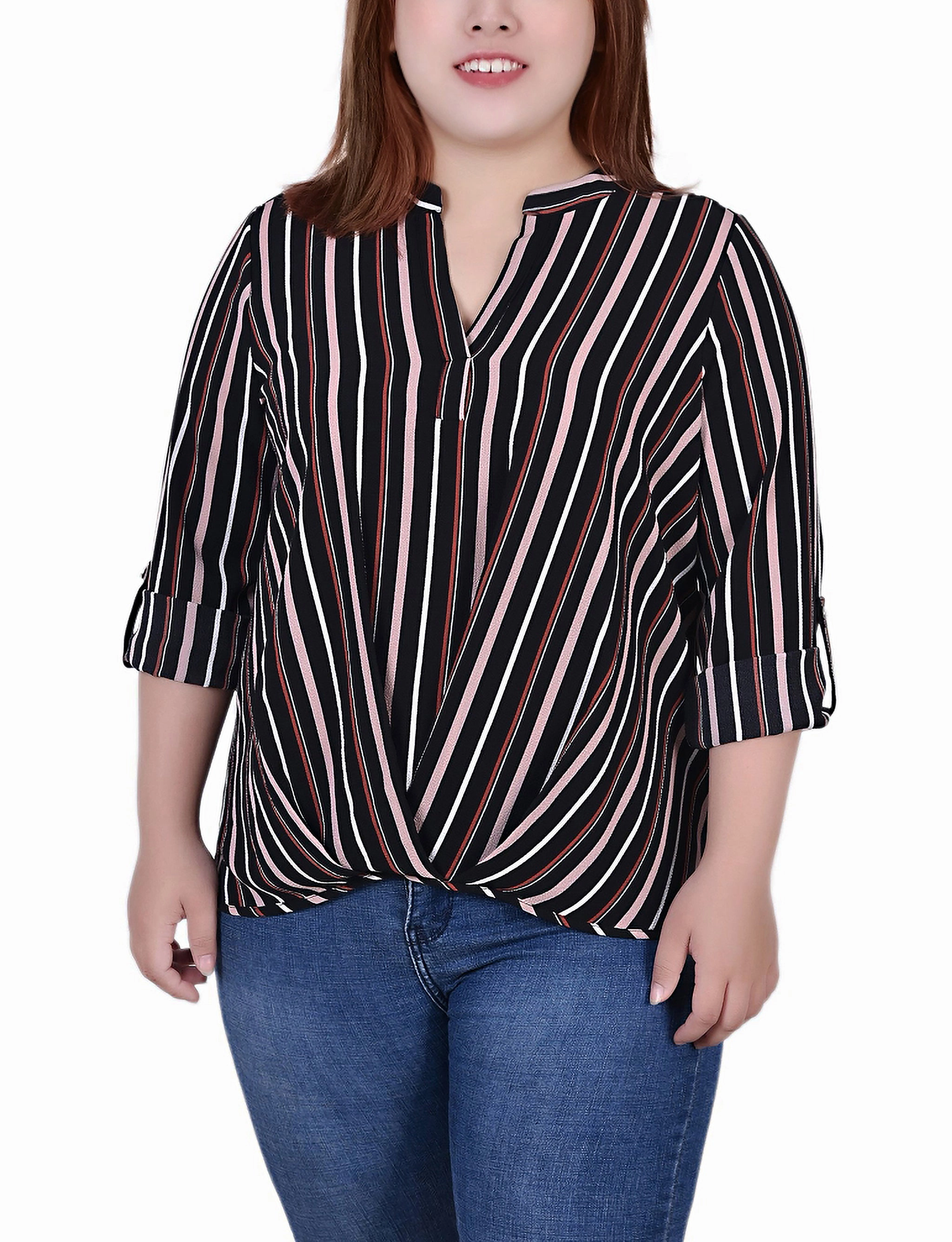 EasyClean Plus Size 3/4 Sleeve Mandarin Collar Blouse With Front Pleats