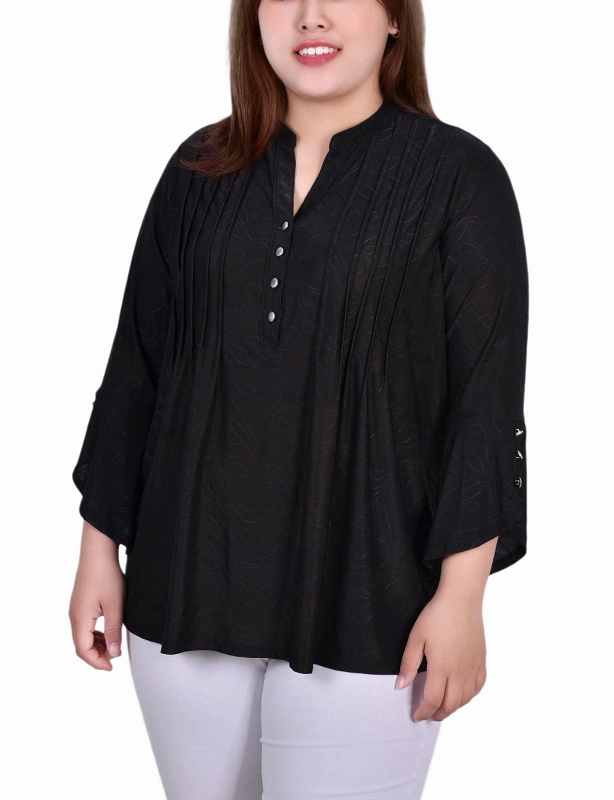 Scoop Neck Shape Formal Shirt Plus Size 3/4 Sleeve Overlapped Bell Sleeve Y Neck Top
