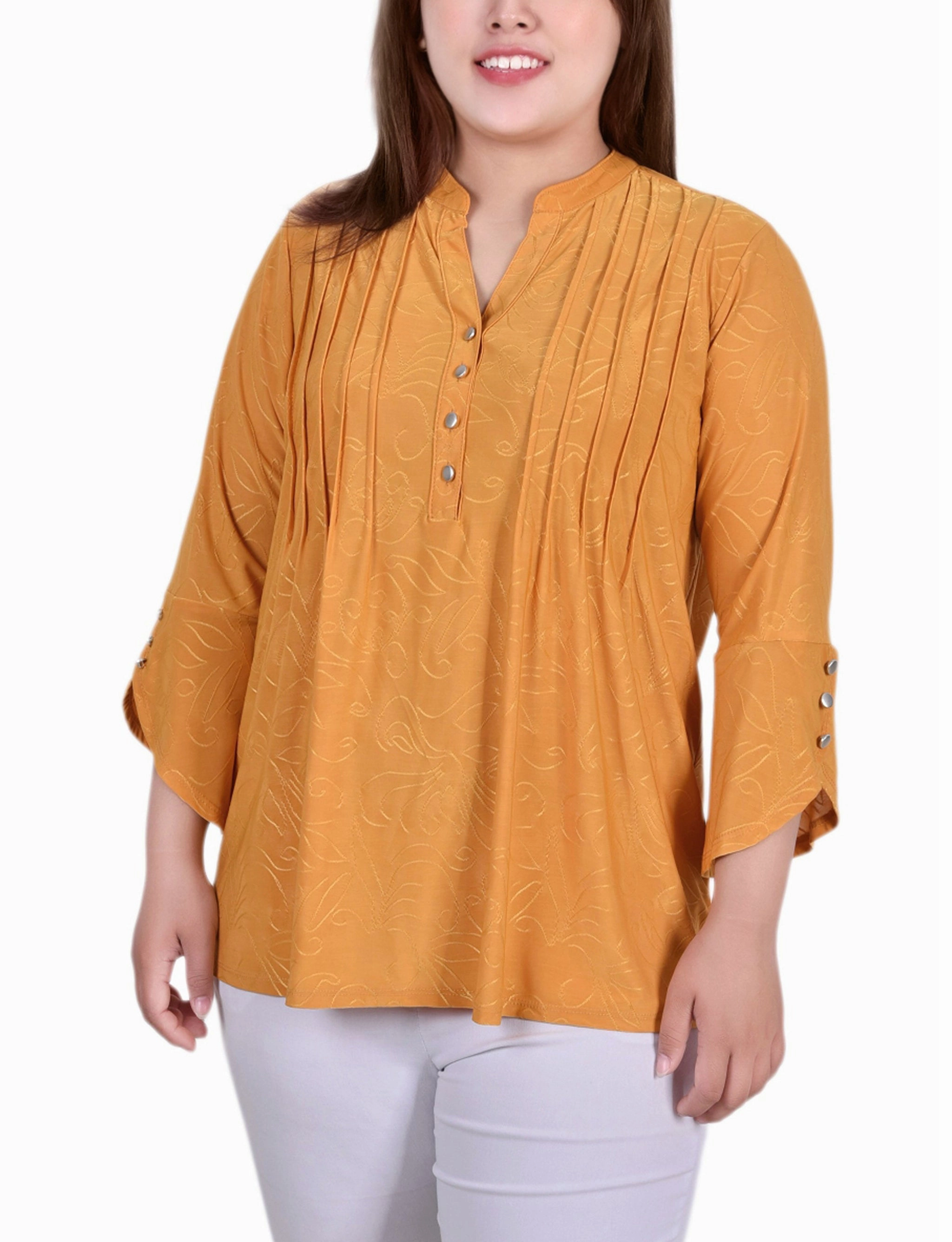 Plus Size 3/4 Sleeve Overlapped Bell Sleeve Y Neck Top Stretch Material EcoFriendly Material