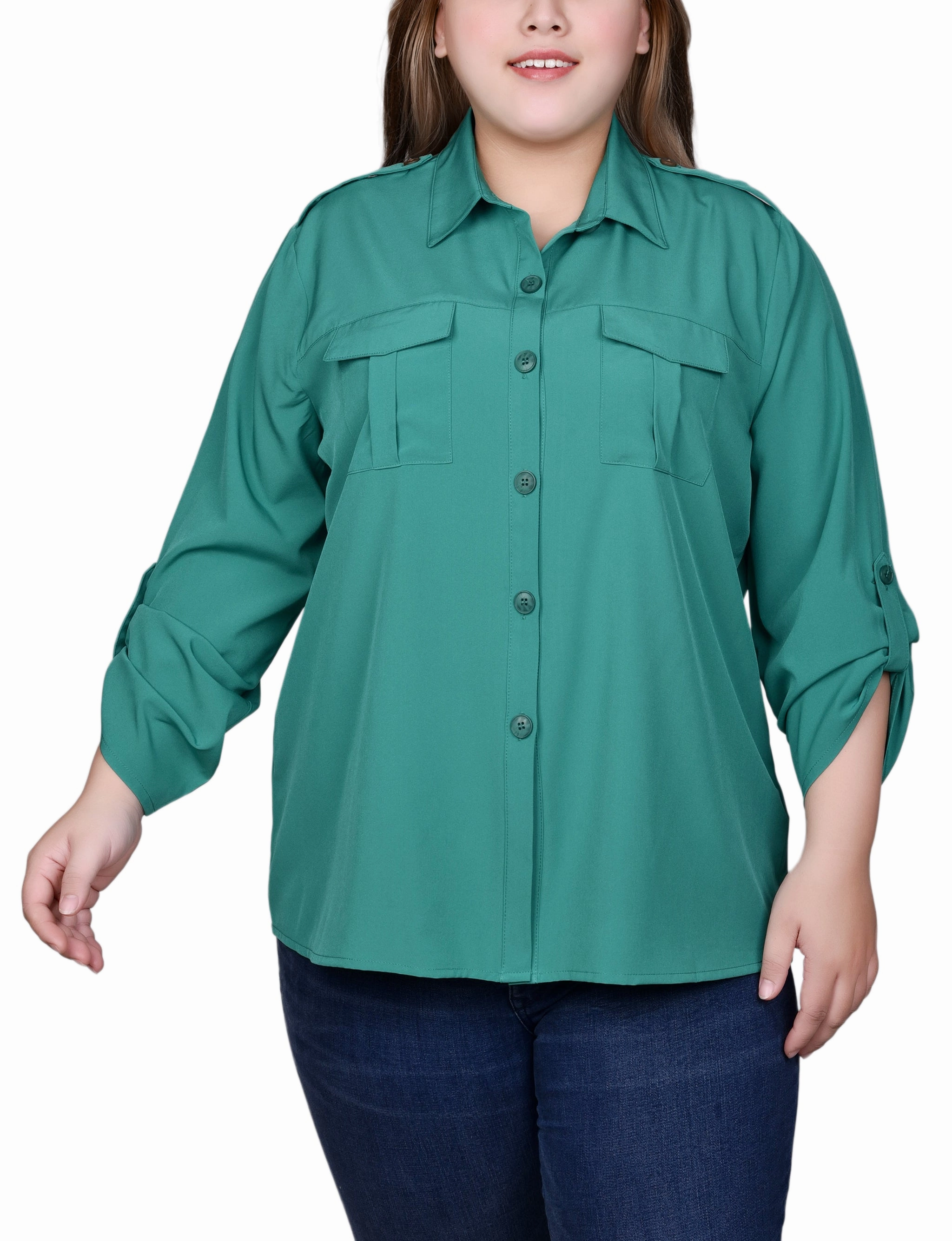 LoopwheelFabric Plus Size 3/4 Sleeve Roll Tab Blouse
