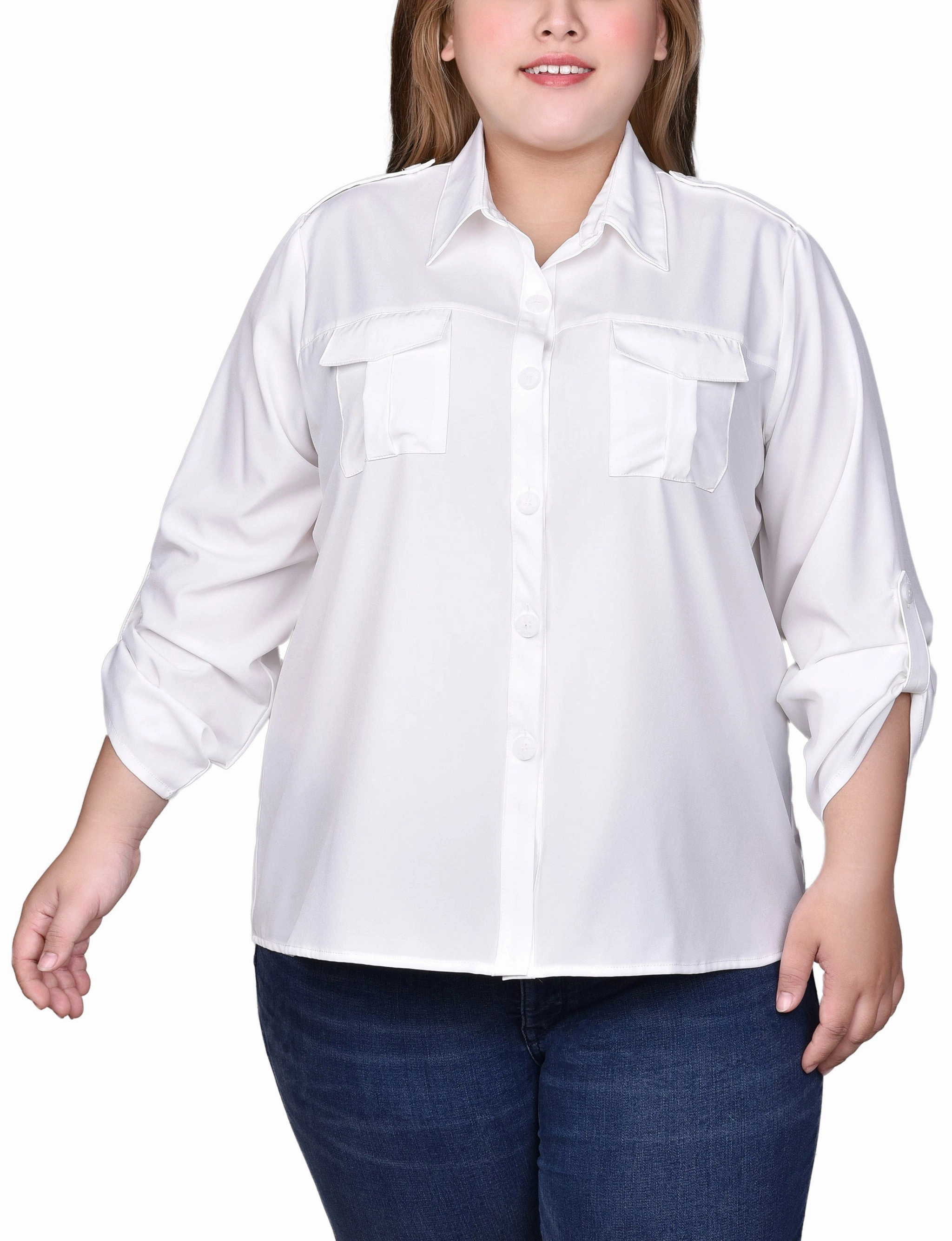 Plus Size 3/4 Sleeve Roll Tab Blouse Odor Resistant