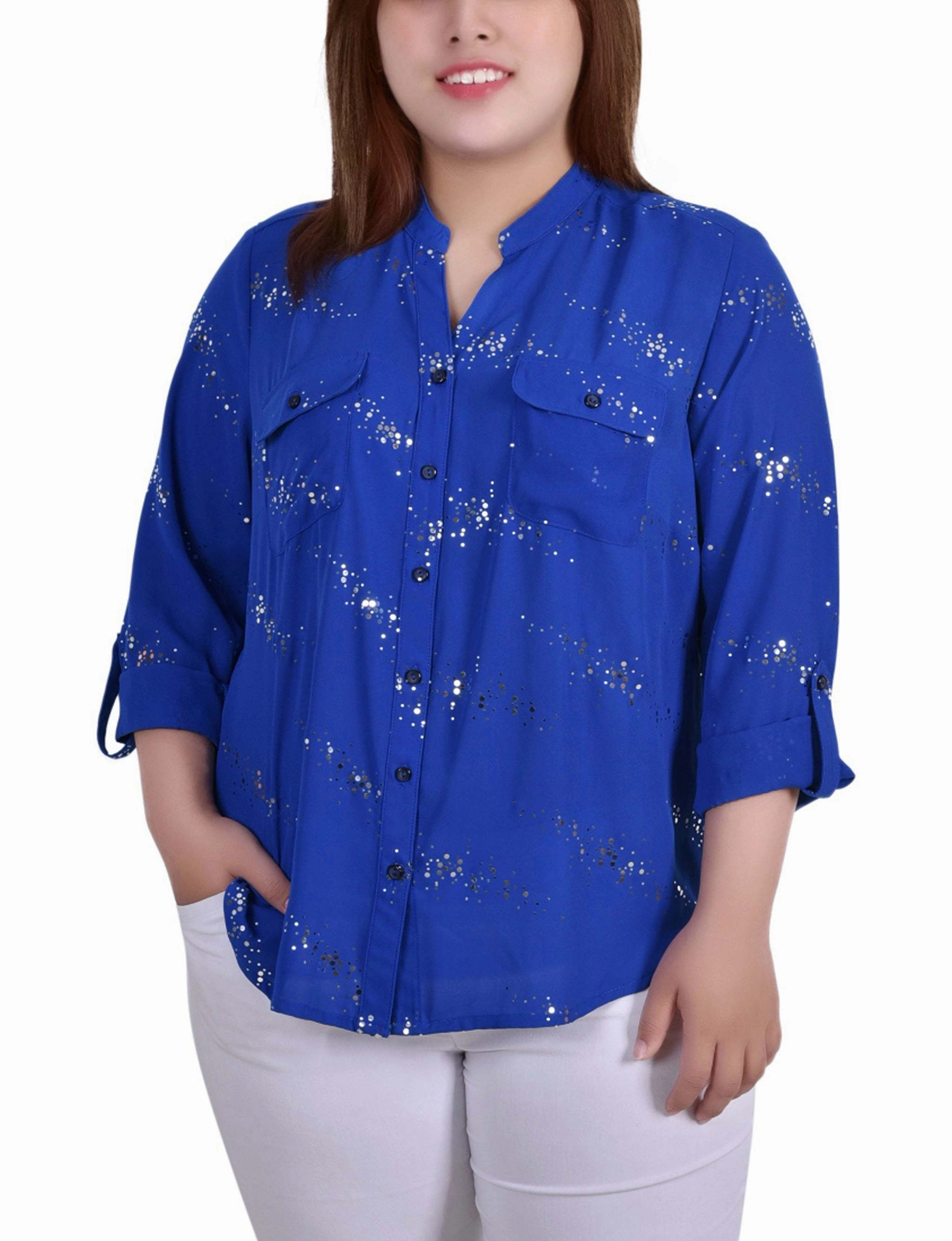 StretchMaterial Plus Size 3/4 Sleeve Roll Tab Blouse With Metallic Details