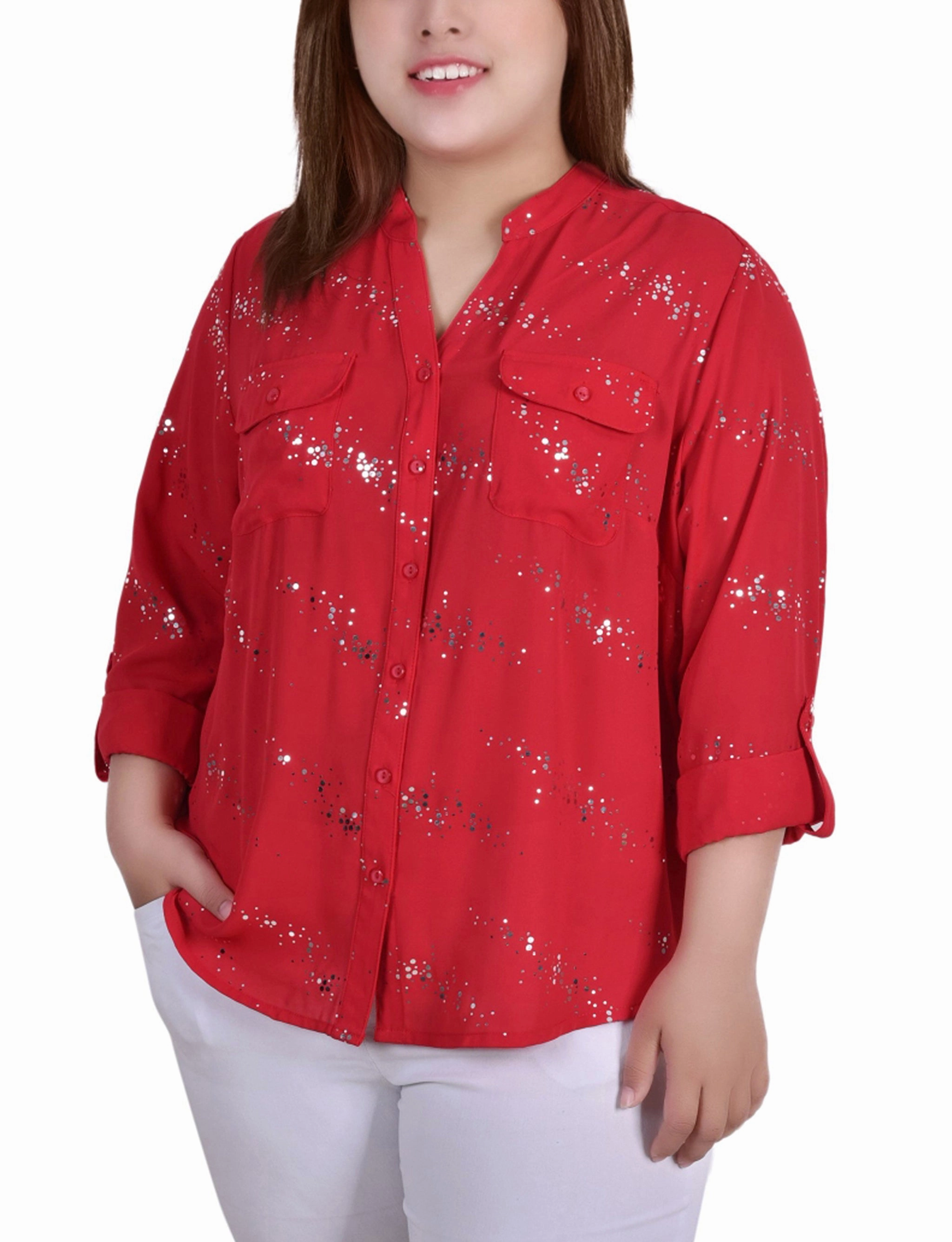 Plus Size 3/4 Sleeve Roll Tab Blouse With Metallic Details AntiPillingTechnology Sustainable Fabric Blend