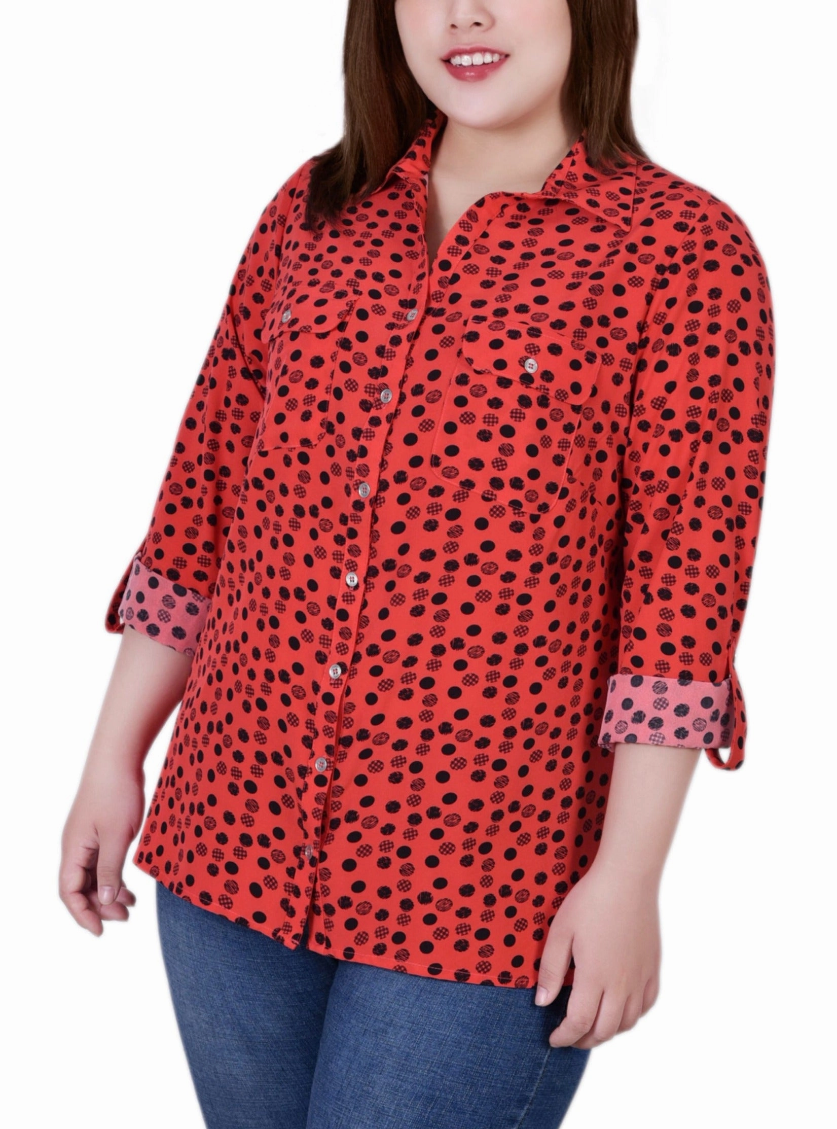 Durable Color Retention Plus Size 3/4 Sleeve Roll Tab Notch Collar Blouse