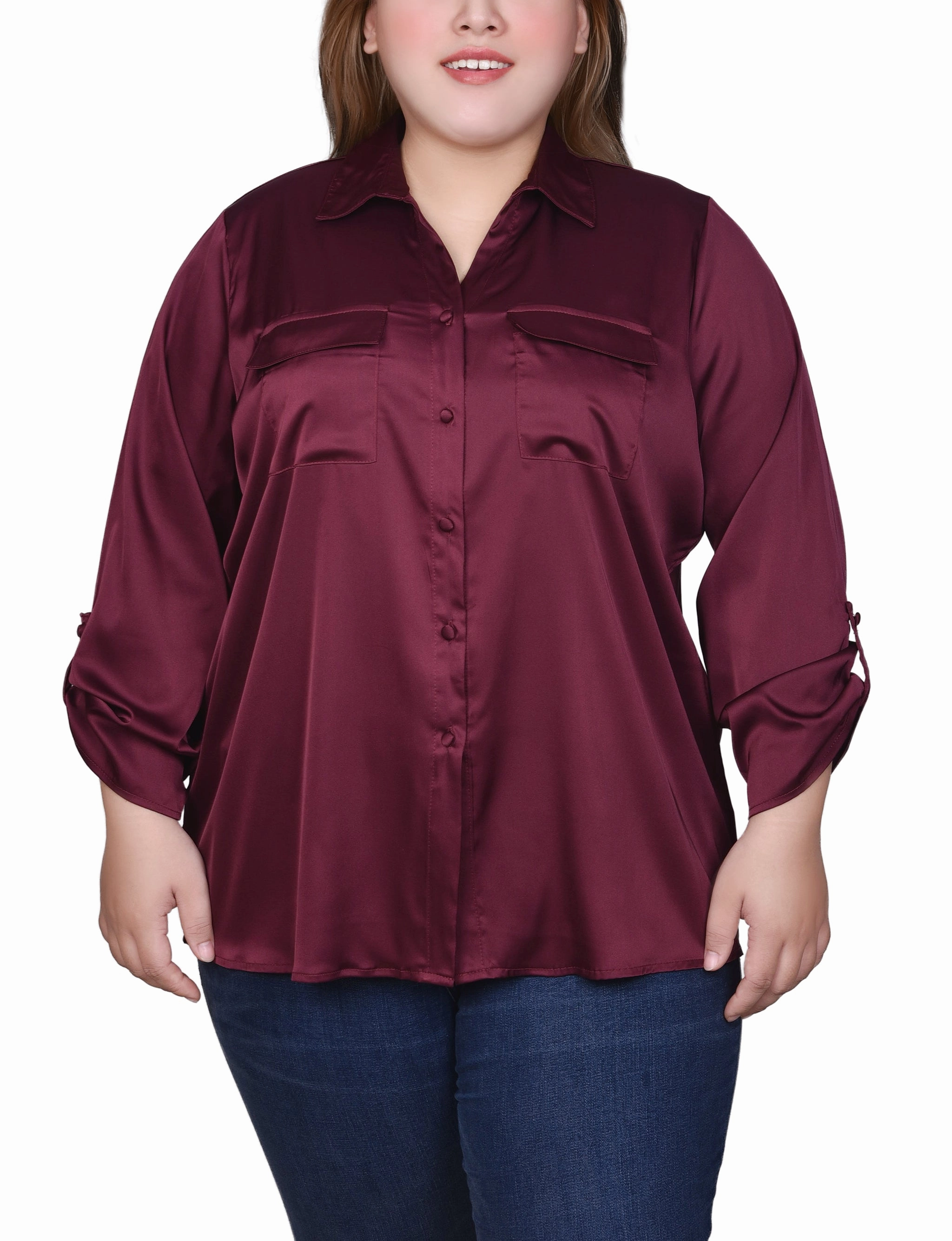 Plus Size 3/4 Sleeve Roll Tab Satin Blouse AirflowVents Temperature Regulating Fabric