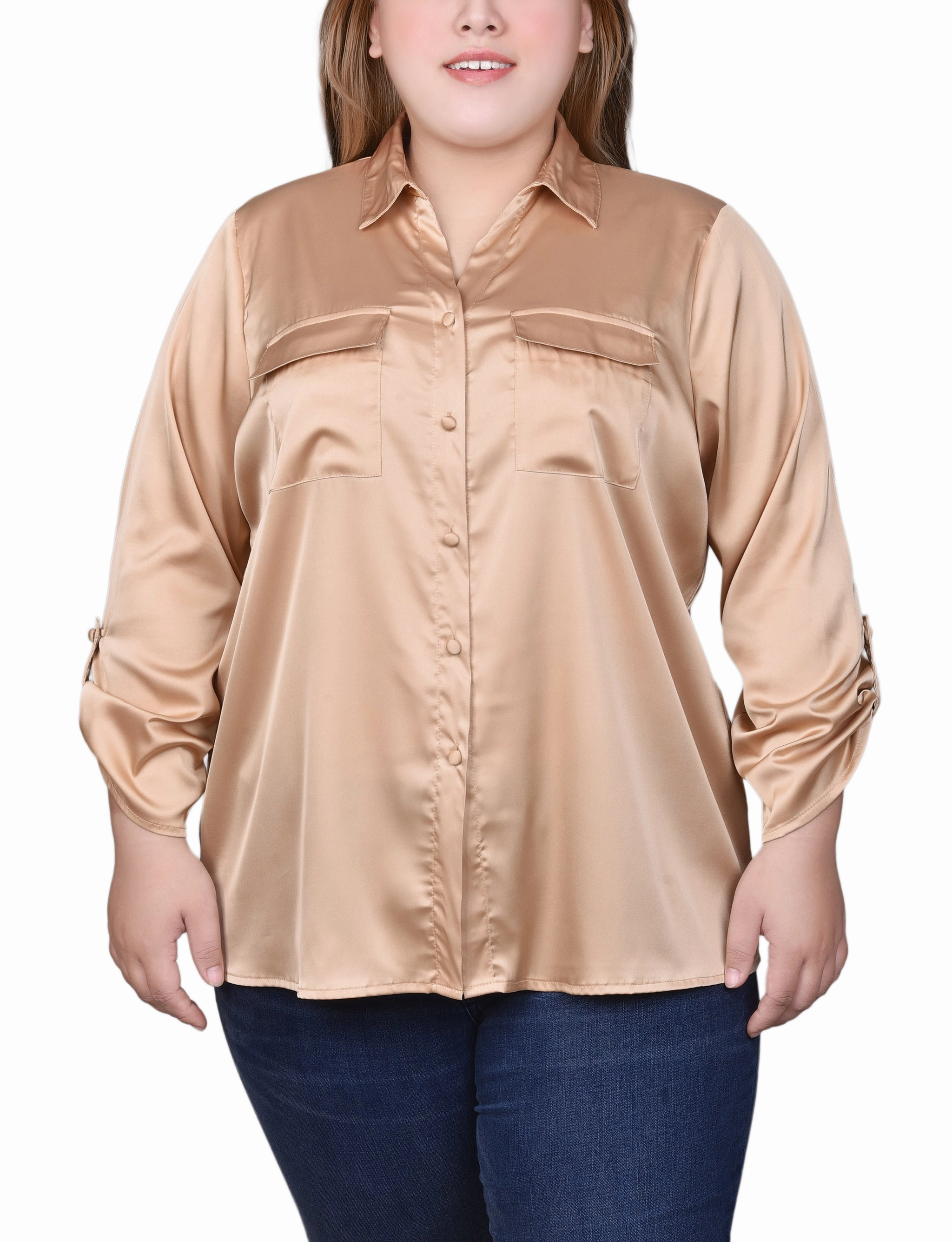 Plus Size 3/4 Sleeve Roll Tab Satin Blouse TumbleDryFriendlyMaterial Bold Design