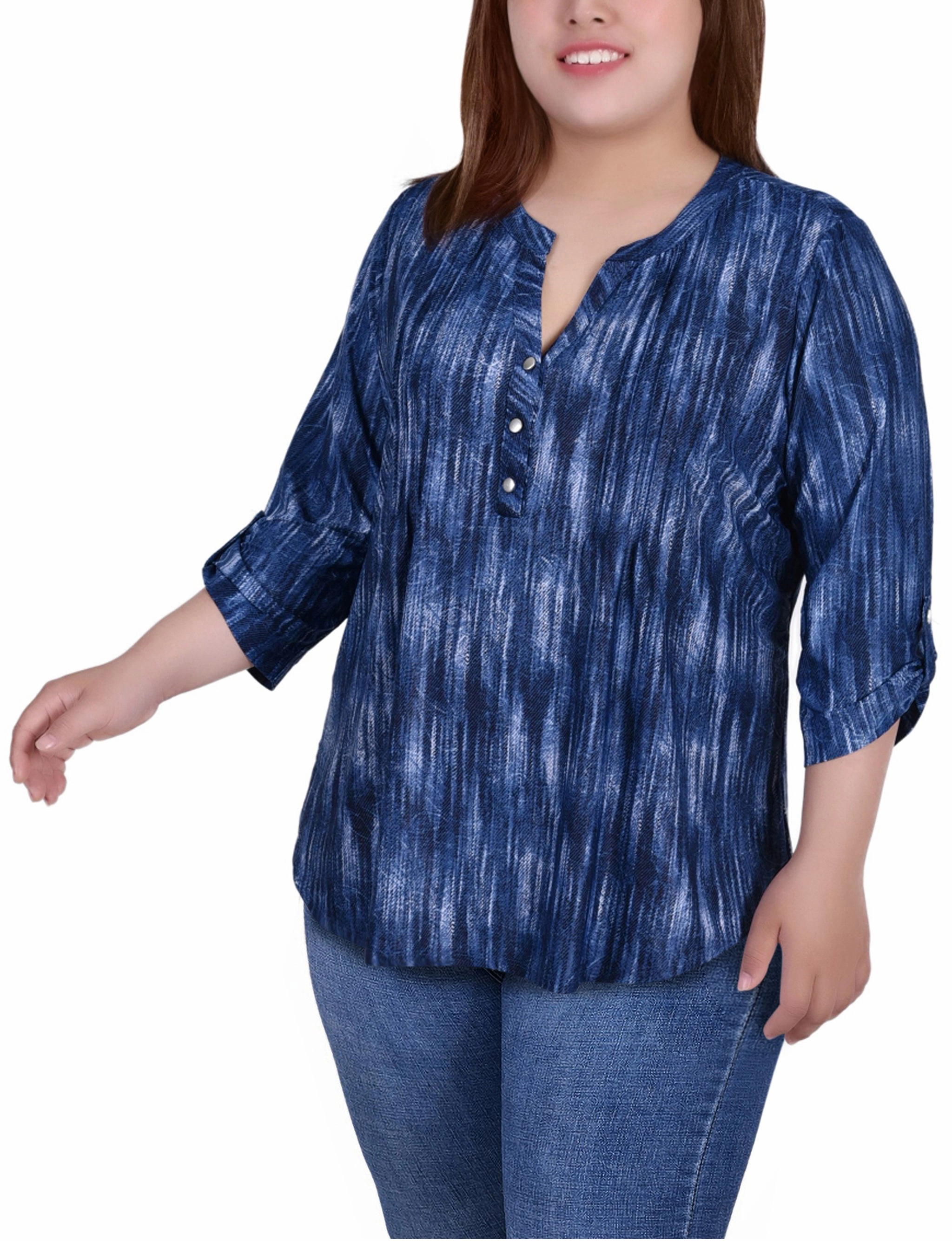 Elegant Touch Plus Size 3/4 Sleeve Roll Tab Y Neck Pullover Top