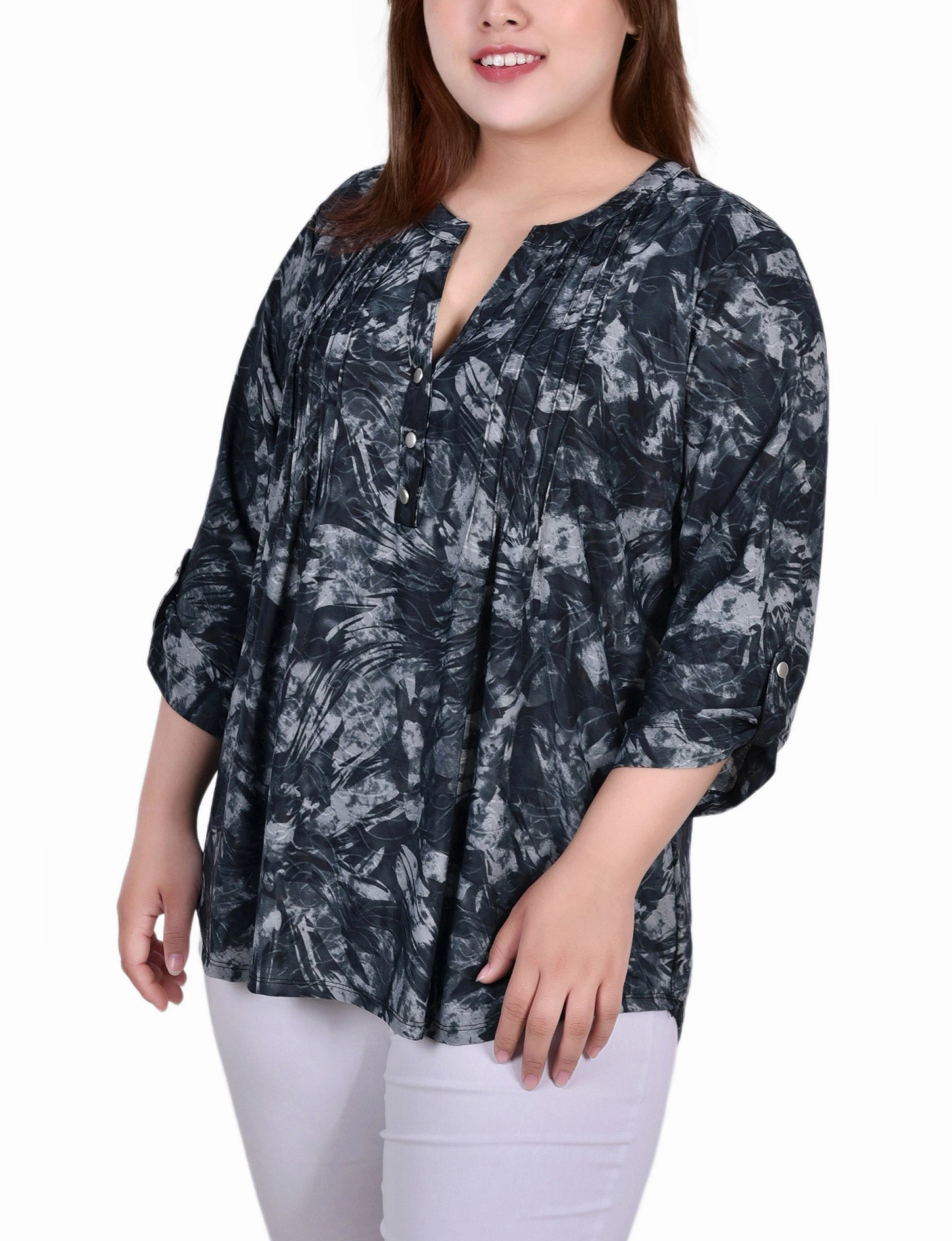 Polished Finish Chilly Weather Layer Plus Size 3/4 Sleeve Roll Tab Y Neck Pullover Top