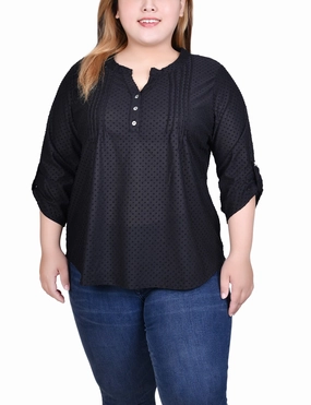 Polished Edge Saturated Hue Plus Size 3/4 Sleeve Roll Tab Y Neck Top