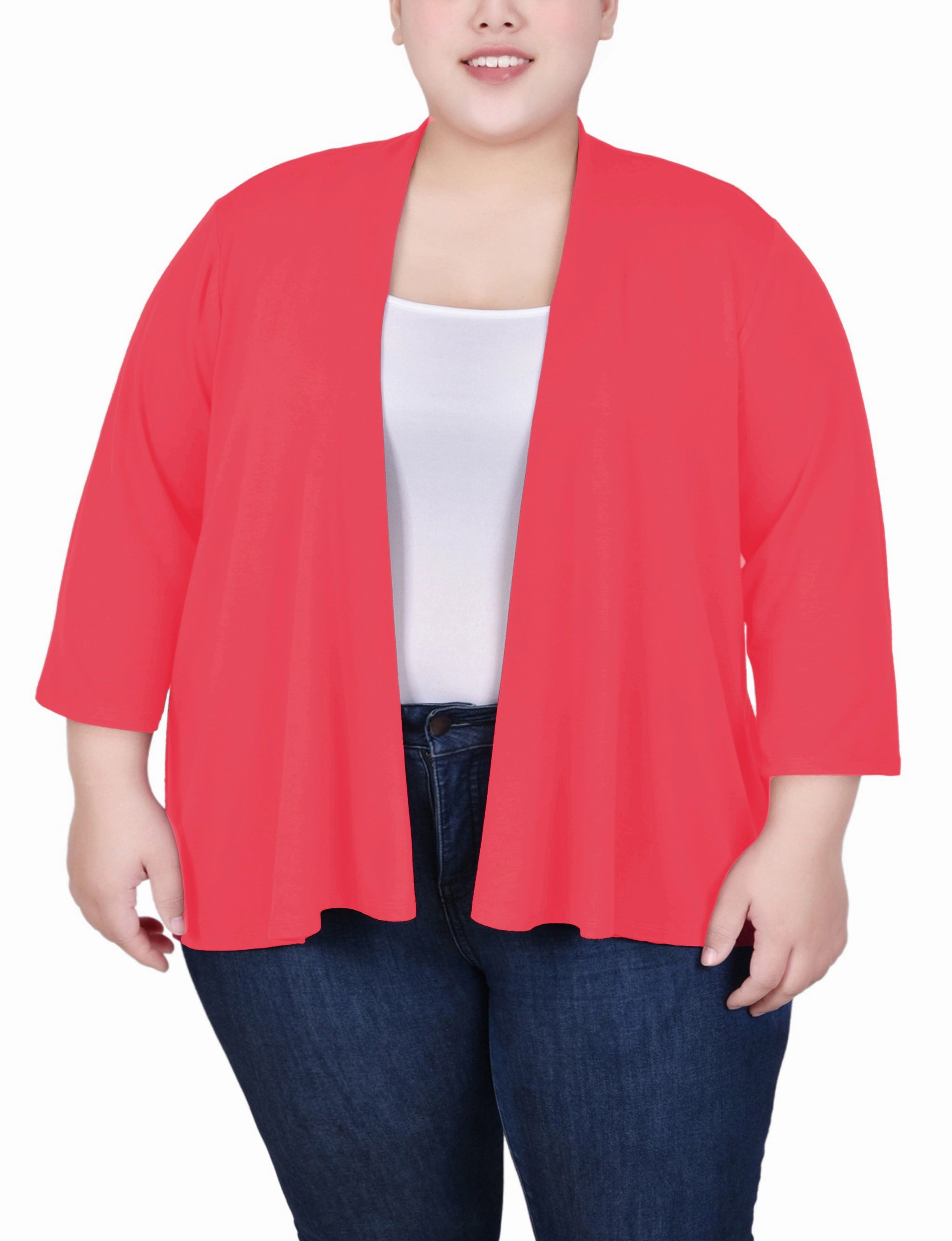 Plus Size 3/4 Sleeve Solid Cardigan Flatlock Seam Technique AdjustableClosure