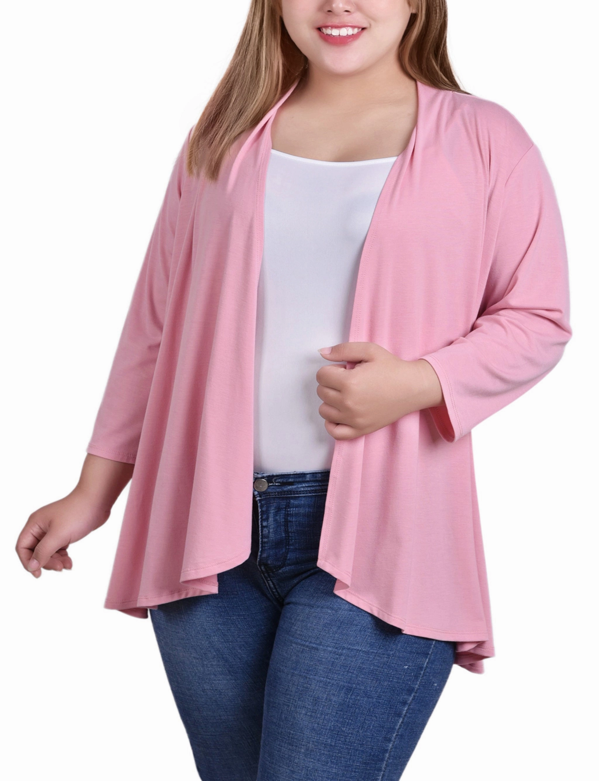 Versatile Layering Plus Size 3/4 Sleeve Solid Cardigan