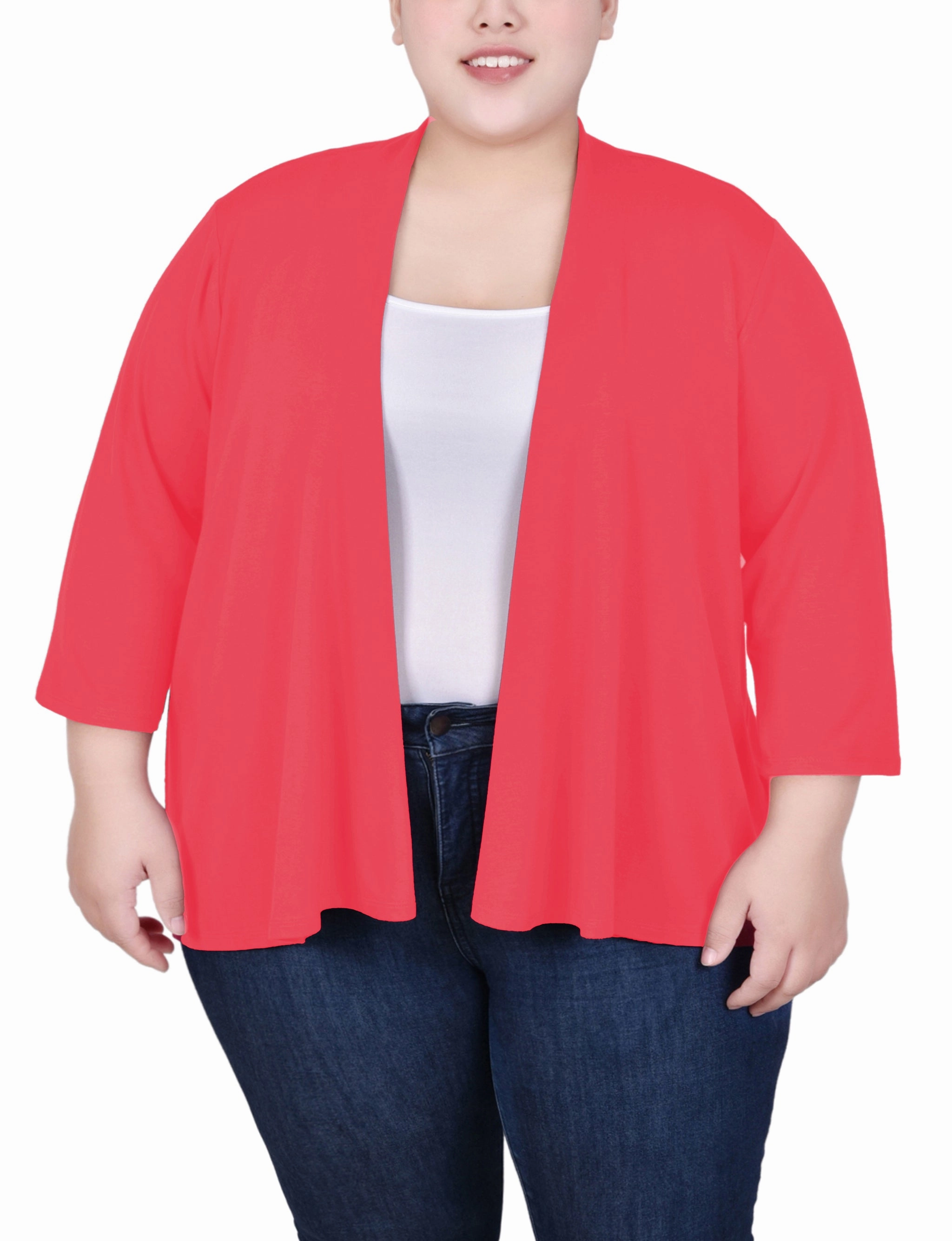 Plus Size 3/4 Sleeve Solid Cardigan AntiStaticInnerLining Relaxed Top