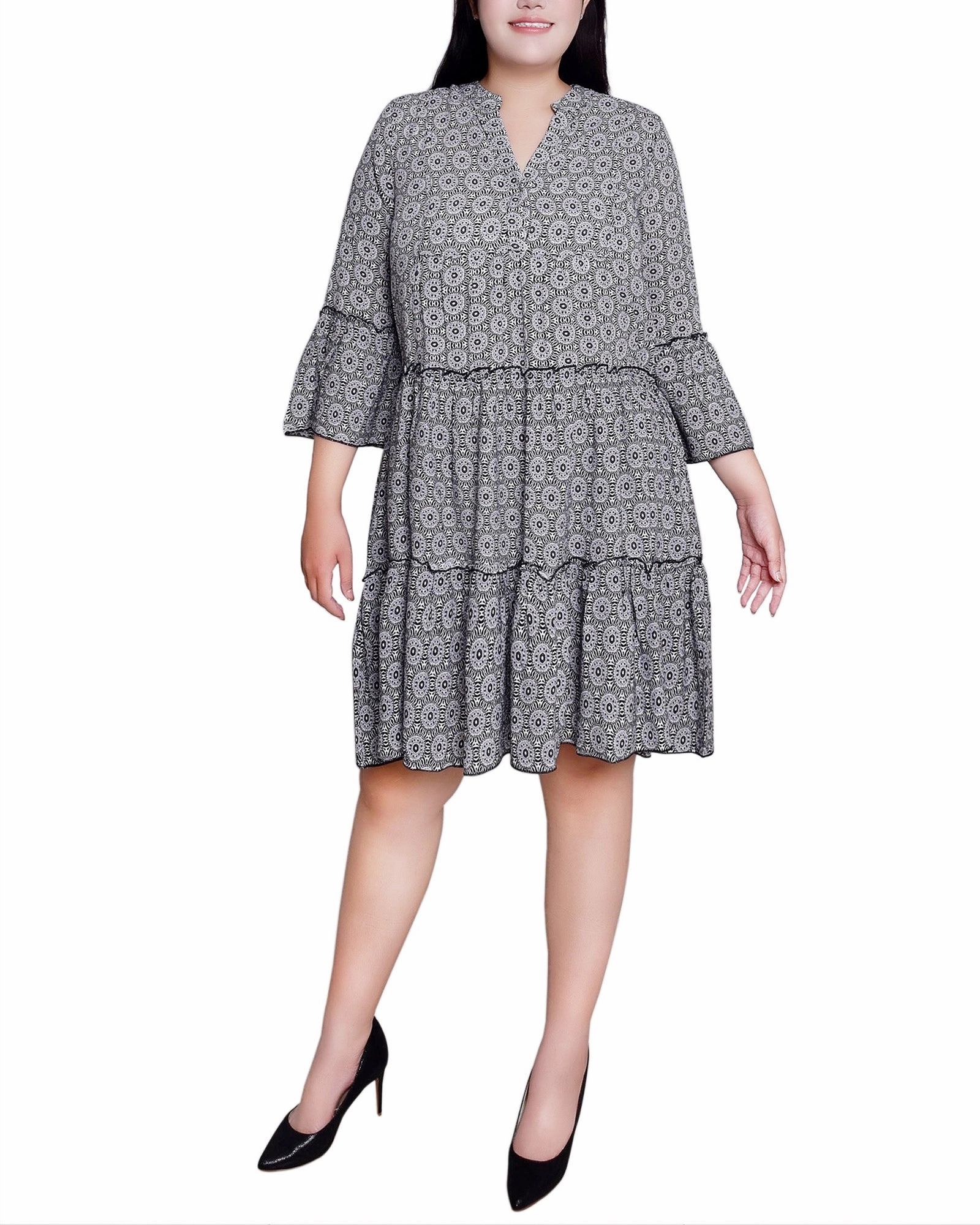 Plus Size 3/4 Sleeve Tiered Dress Autumn Essential Soft Neutral