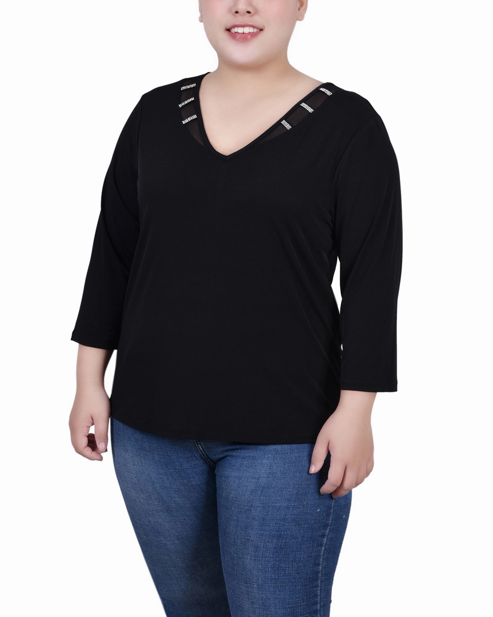Balanced Tones Trendy Cut Plus Size 3/4 Sleeve Top With Illusion Neckline and Stones