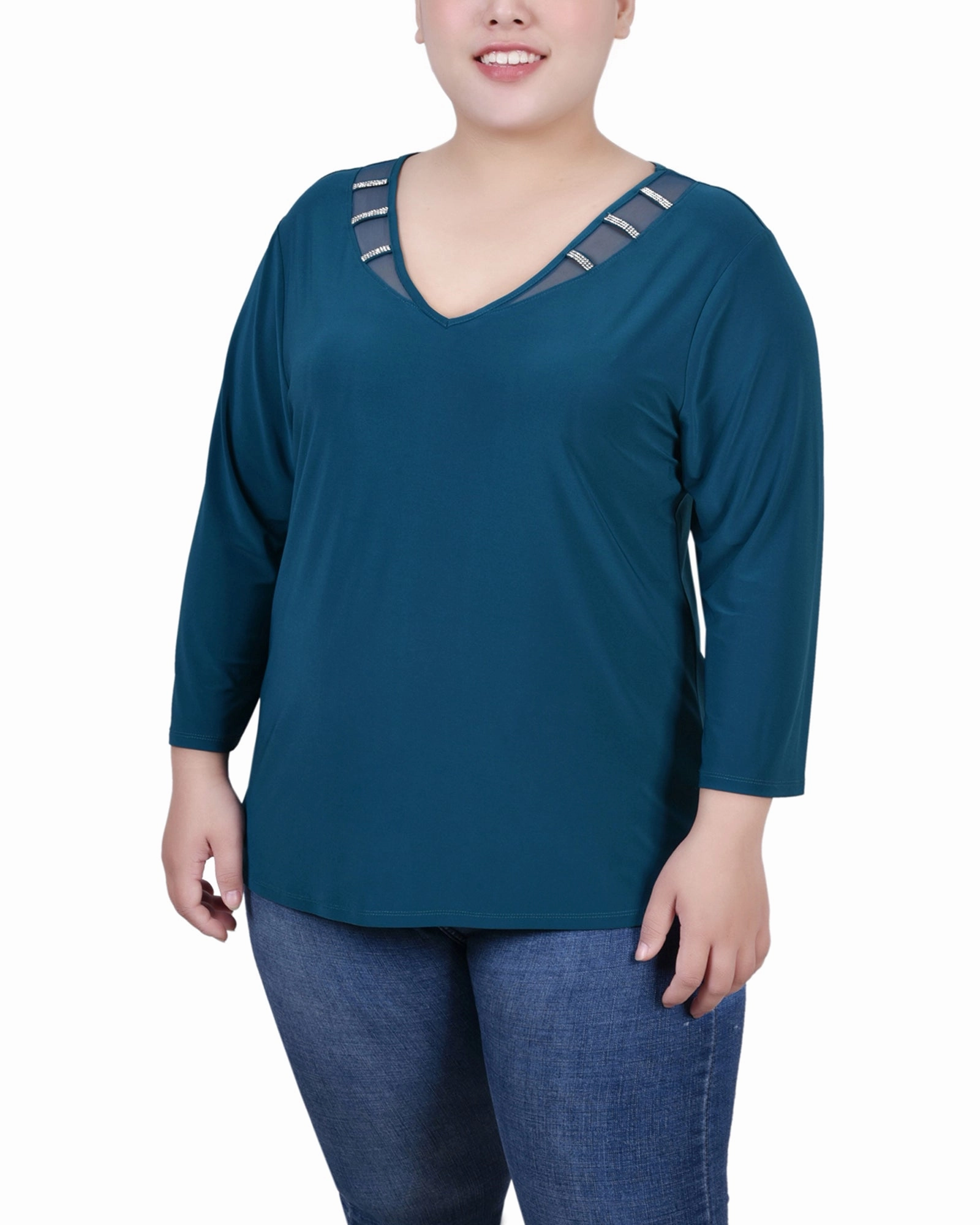 Easy Style Plus Size 3/4 Sleeve Top With Illusion Neckline and Stones