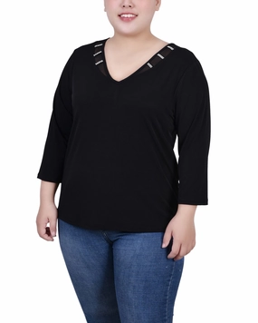 Balanced Tones Trendy Cut Plus Size 3/4 Sleeve Top With Illusion Neckline and Stones