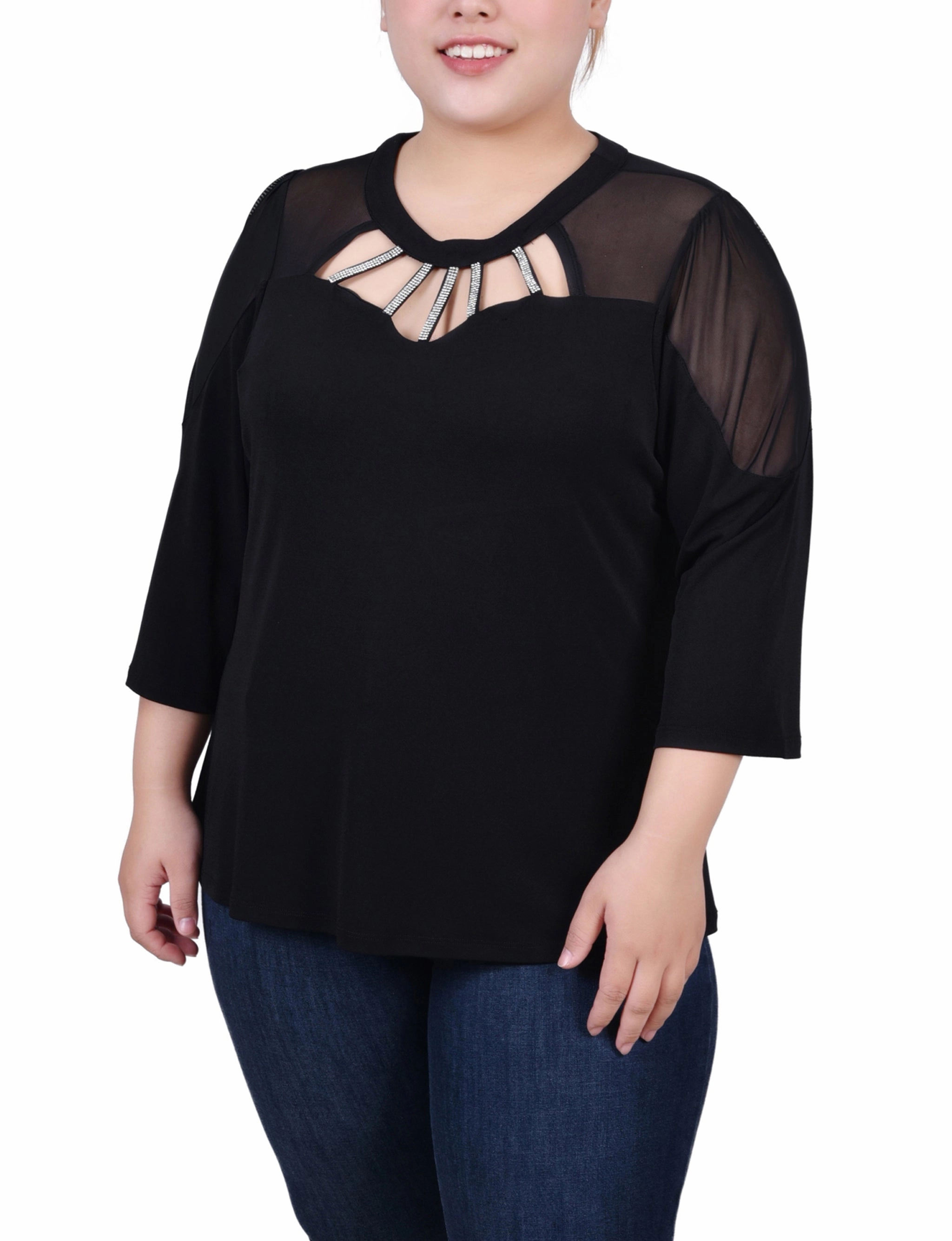 Plus Size 3/4 Sleeve Top With Neckline Cutouts and Stones LowMaintenance