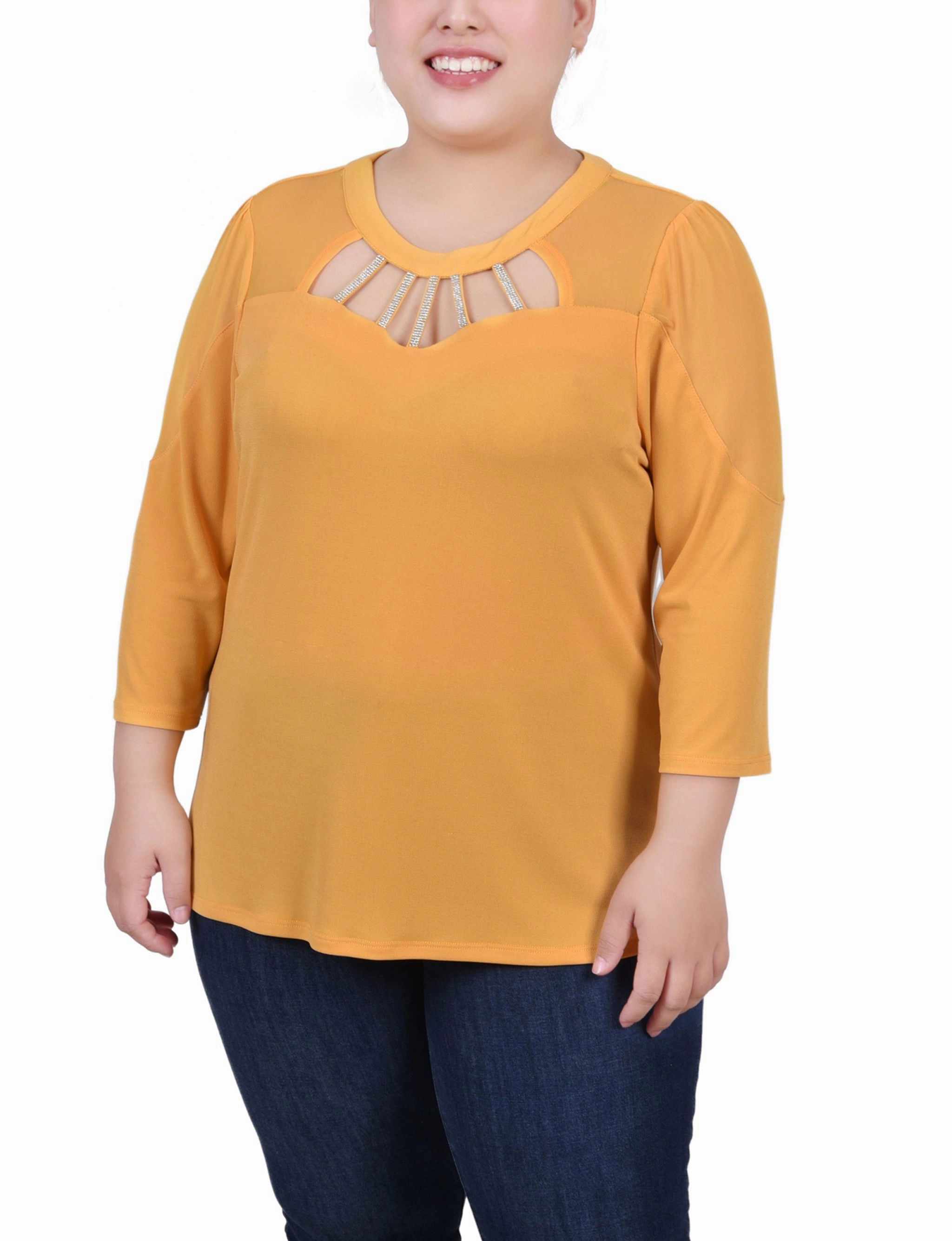 Comfort Look Calm Energy Plus Size 3/4 Sleeve Top With Neckline Cutouts and Stones