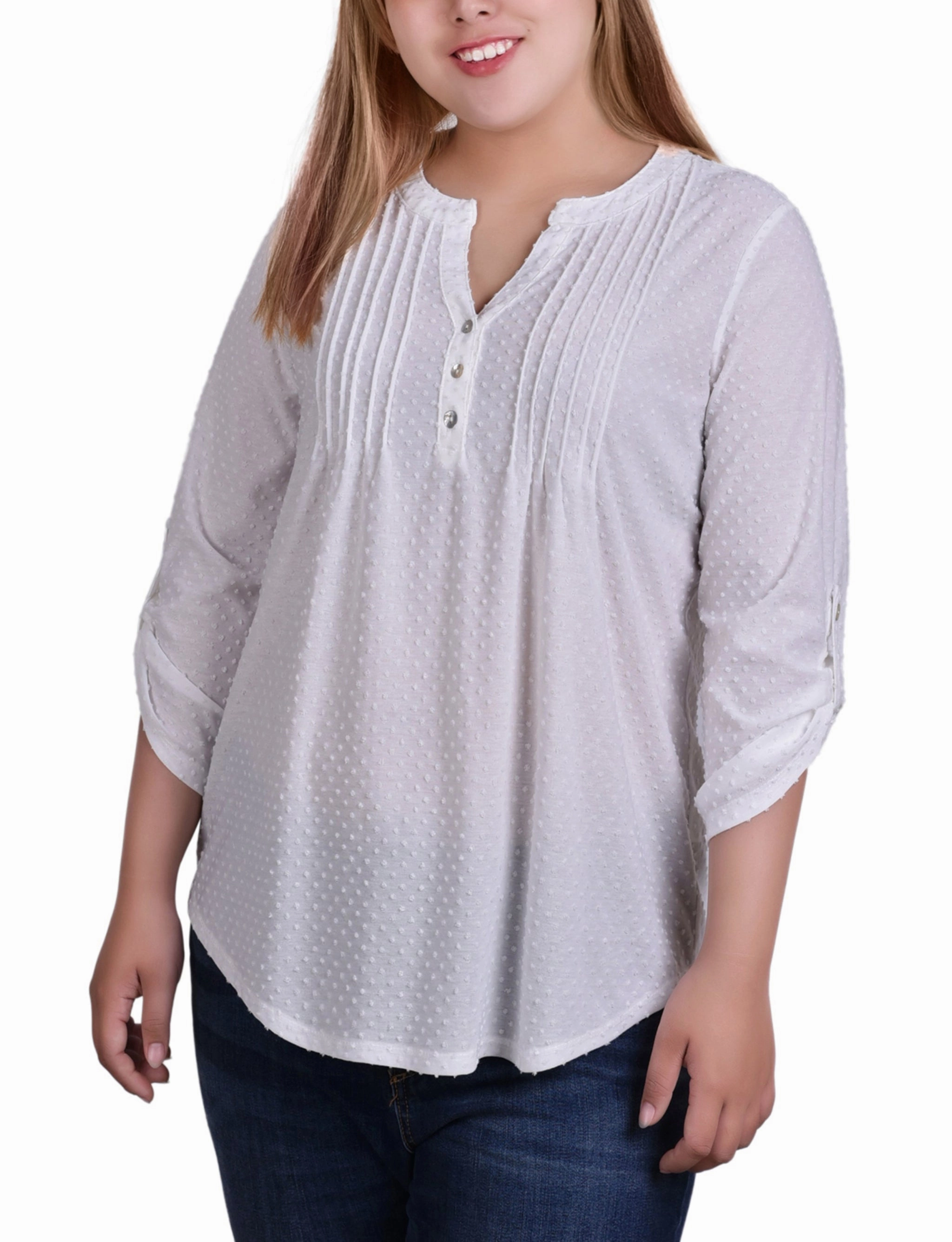 Plus Size 3/4 Tab Sleeve Y Neck Top Moisture Control Lining HighDurabilityWeave