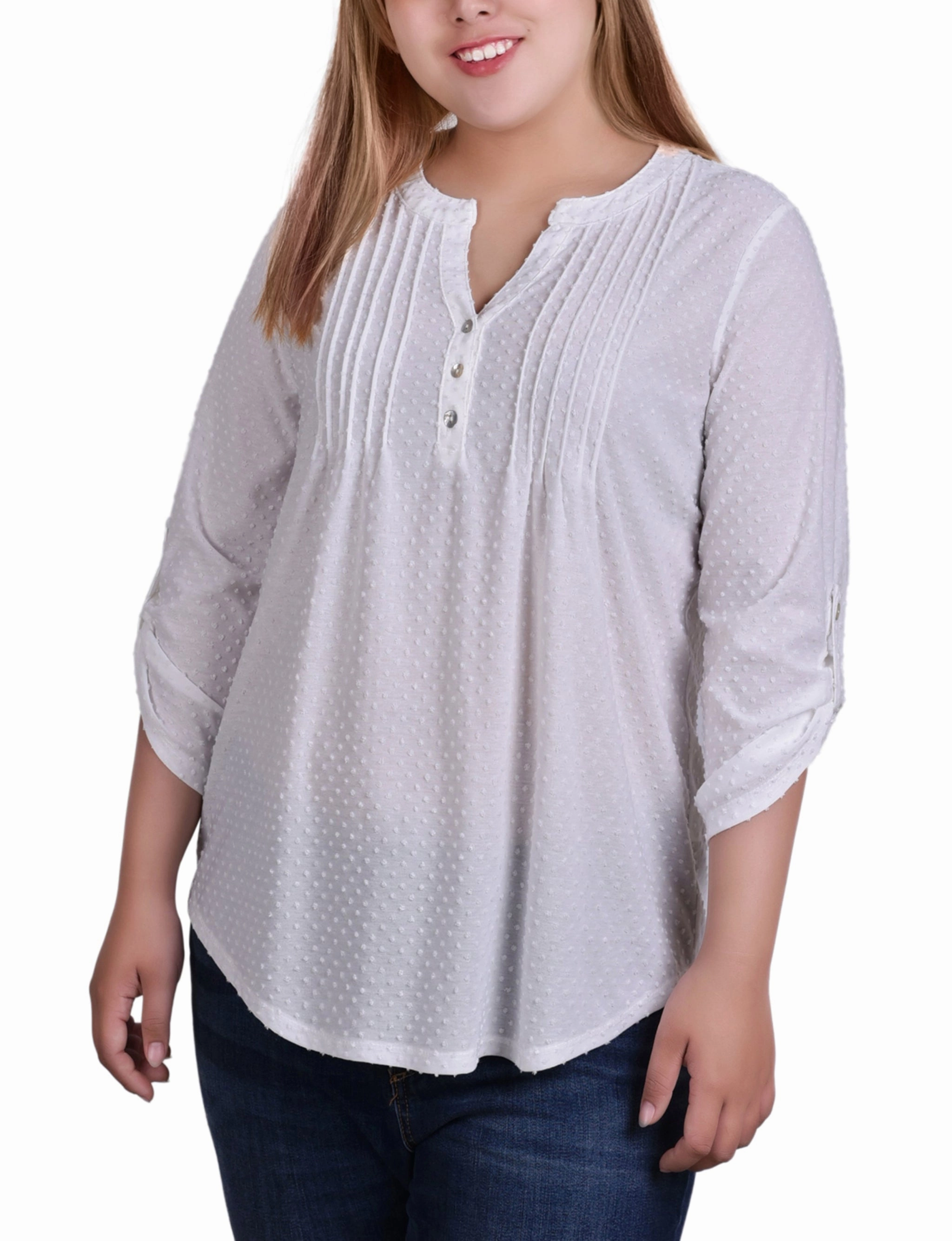 Plus Size 3/4 Tab Sleeve Y Neck Top FoldableFeature Airflow Weave Pattern