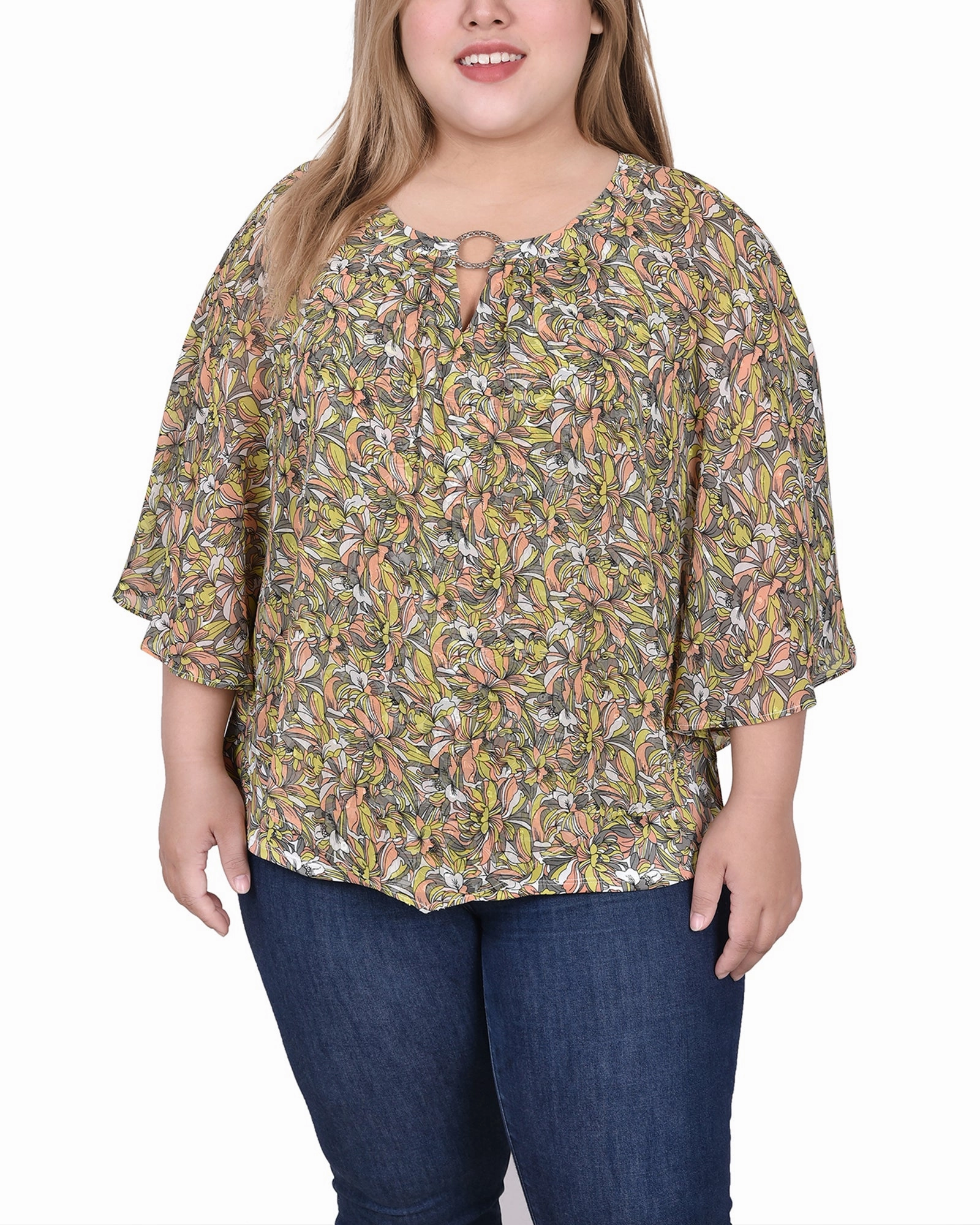 Plus Size Chiffon Poncho Top With Ring DropShoulderConstruction