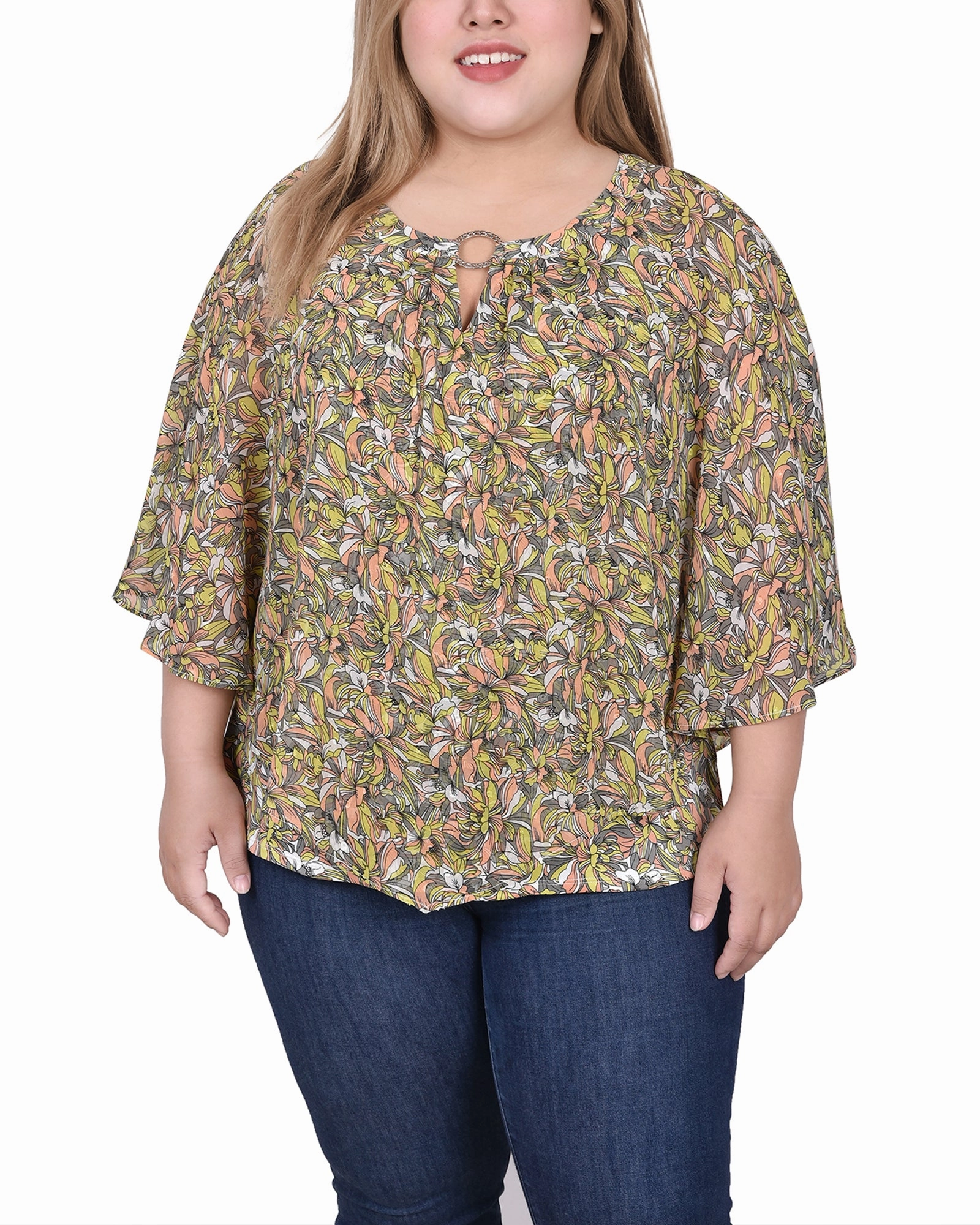 LightweightDesign DoubleLayeredShoulders Plus Size Chiffon Poncho Top With Ring