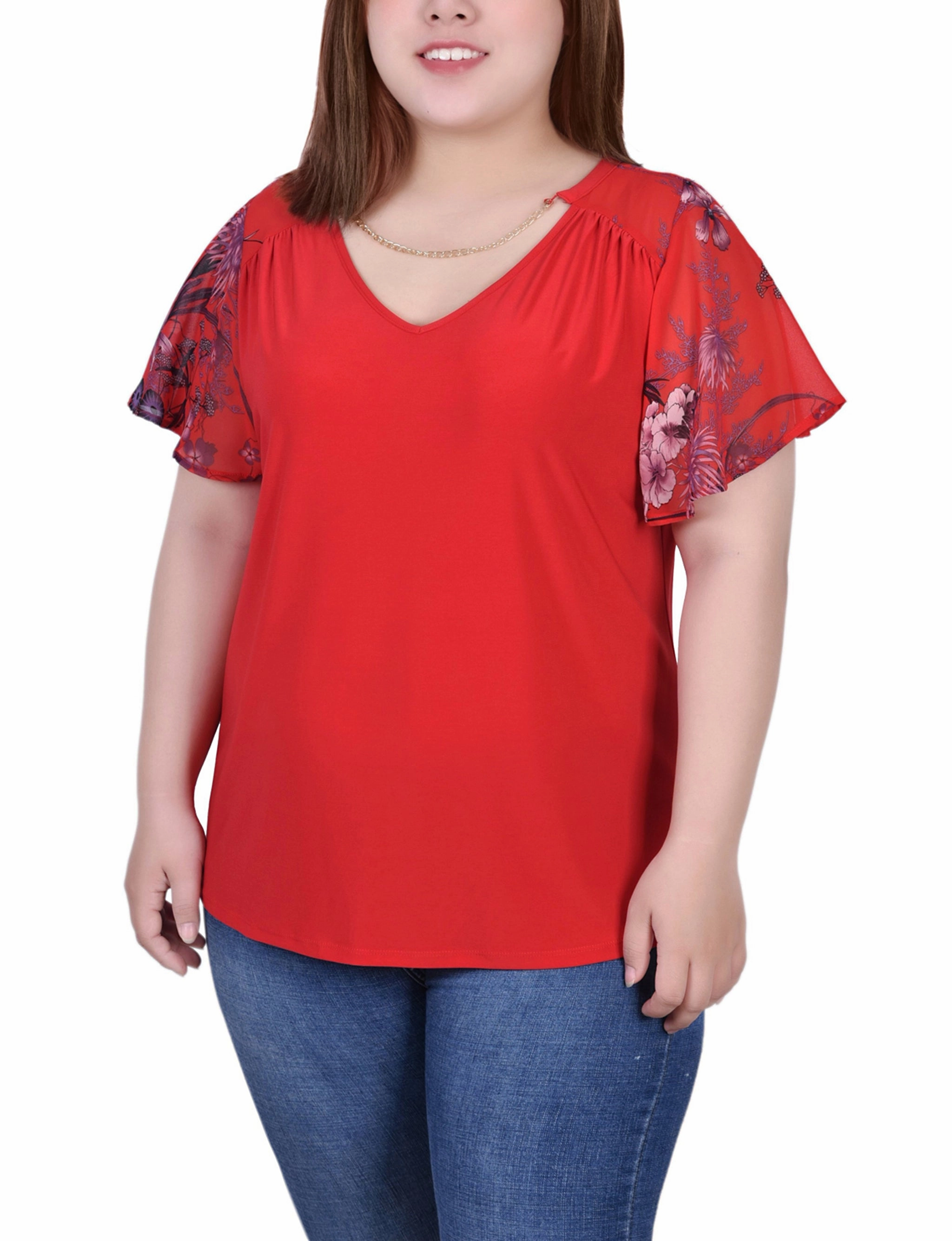 Office Ease All-day style Plus Size Combo Chiffon-Sleeve V Neck Top