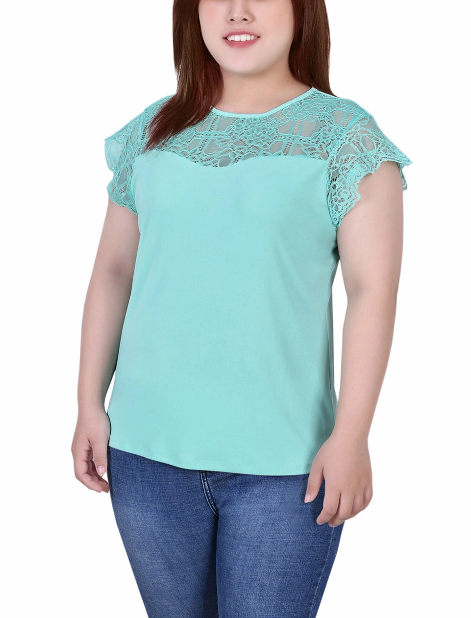 Plus Size Crepe Knit Top With Lace Flanged Sleeve and Yoke FrayResistant Fabric