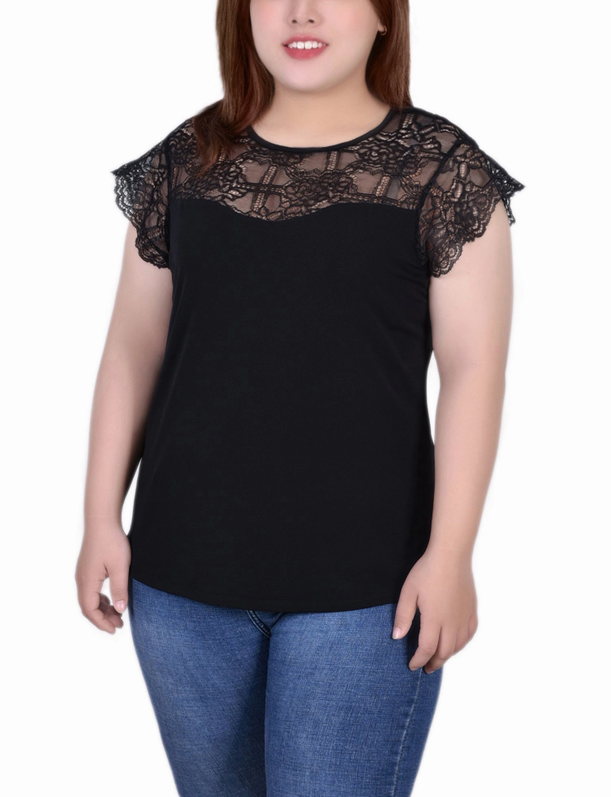 Plus Size Crepe Knit Top With Lace Flanged Sleeve and Yoke MinimalistCut VentilatedMeshPaneling