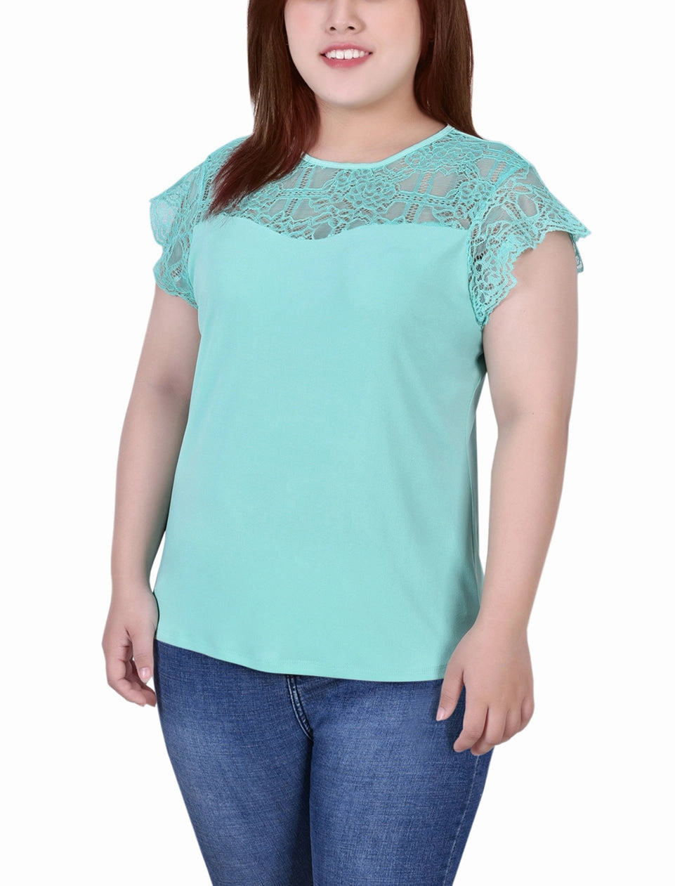 Lightweight Knit AbrasionResistantEdging Plus Size Crepe Knit Top With Lace Flanged Sleeve and Yoke