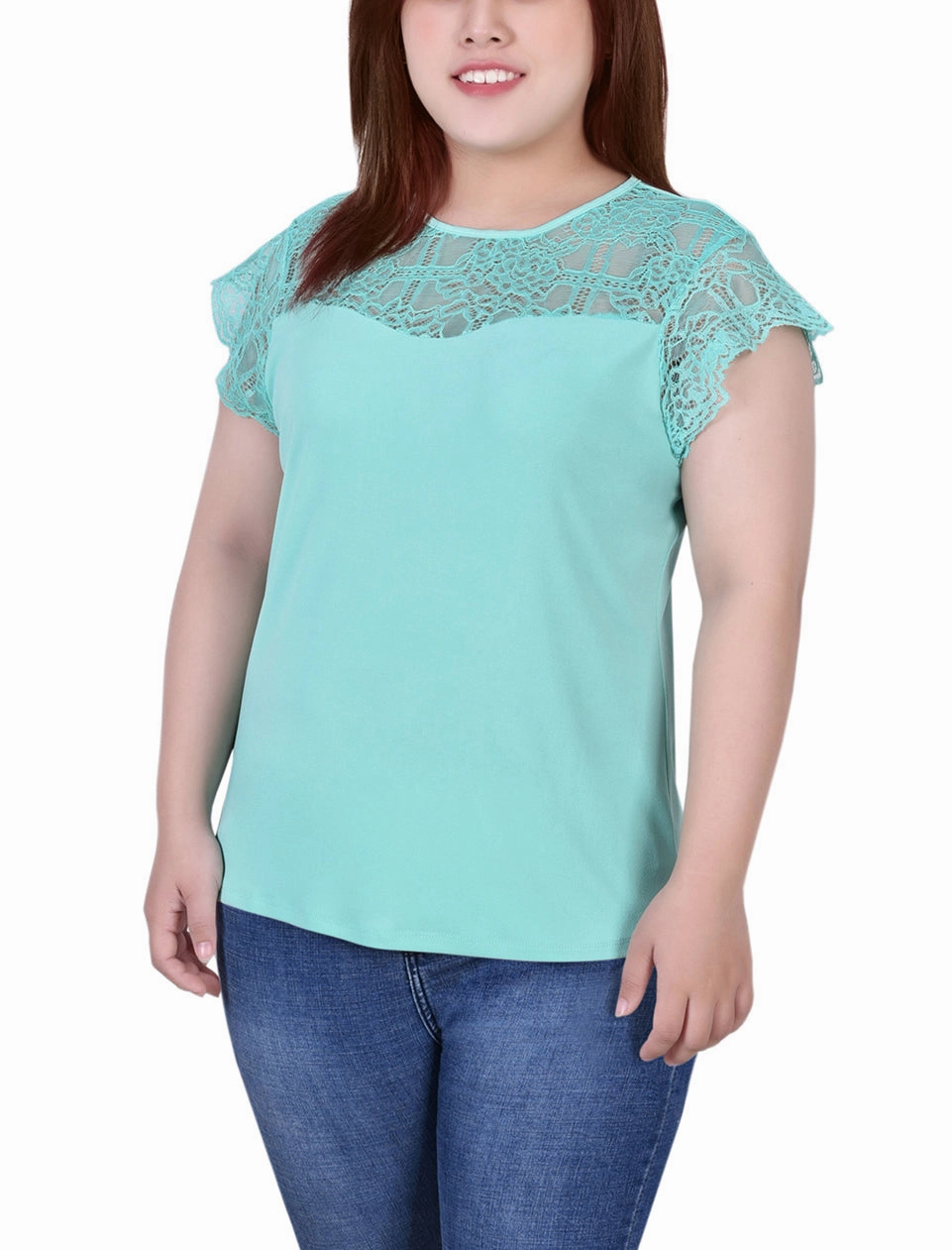 GarmentWashedFinish Plus Size Crepe Knit Top With Lace Flanged Sleeve and Yoke