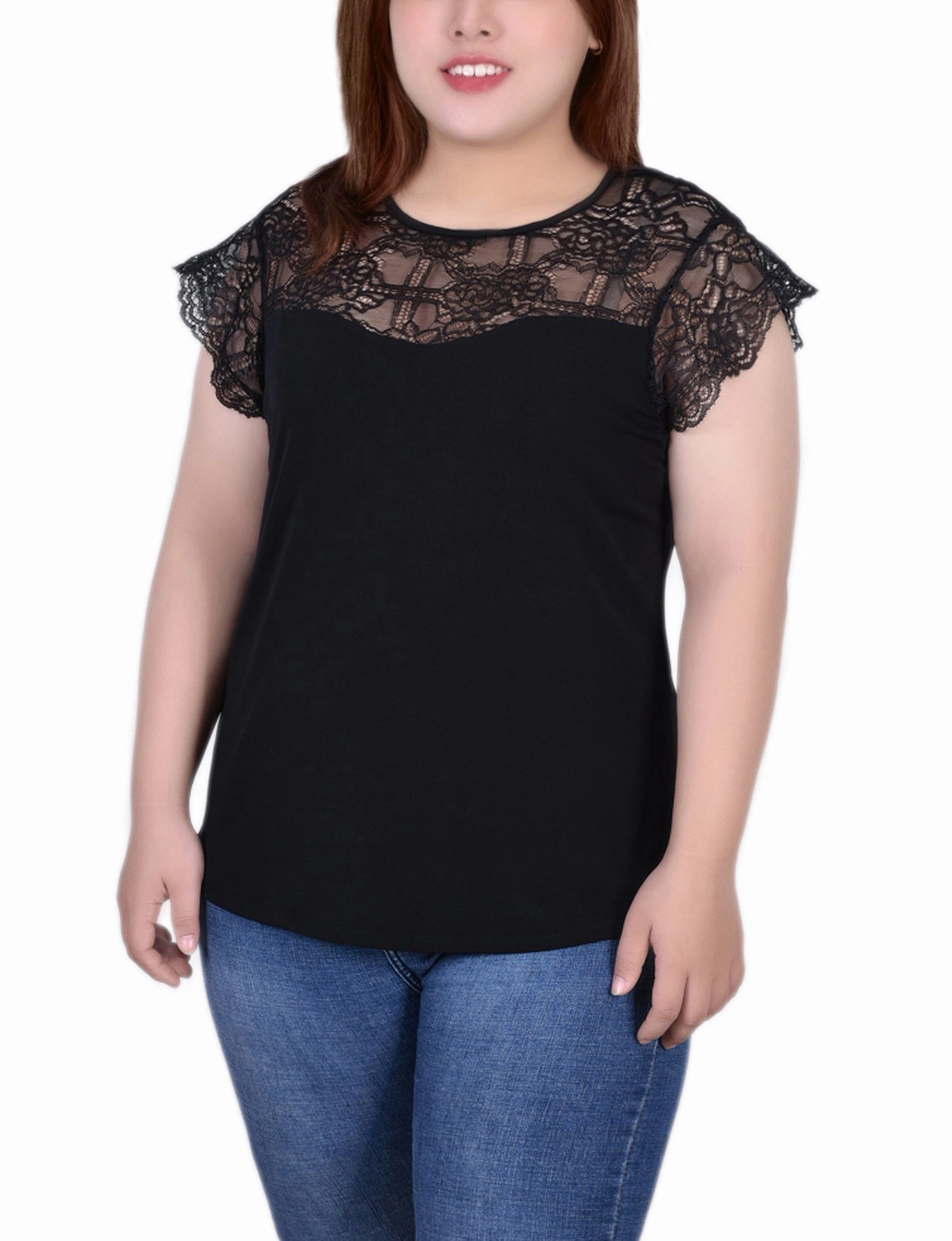 Plus Size Crepe Knit Top With Lace Flanged Sleeve and Yoke MeshVentilation StretchFabric