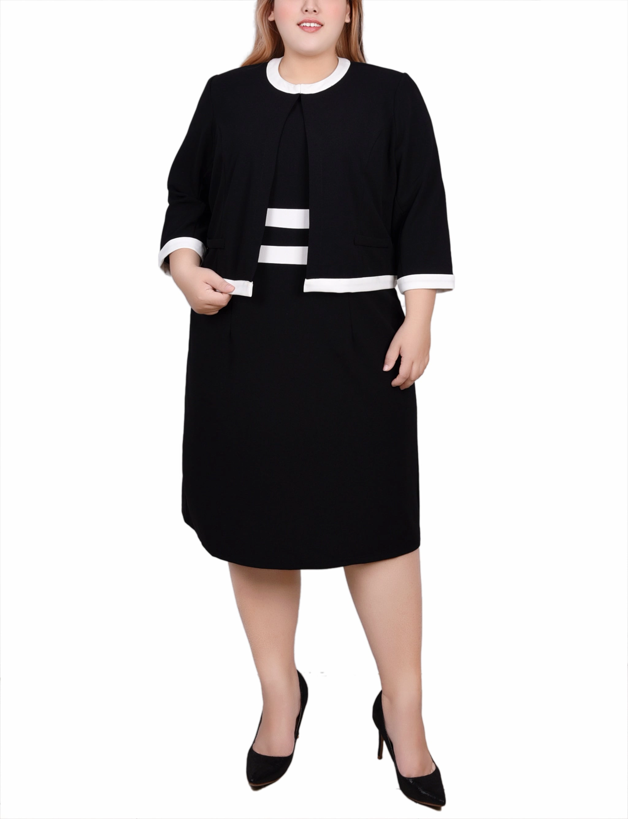 Elegant Tailoring Plus Size Elbow Sleeve Colorblocked 2 Piece Dress Set