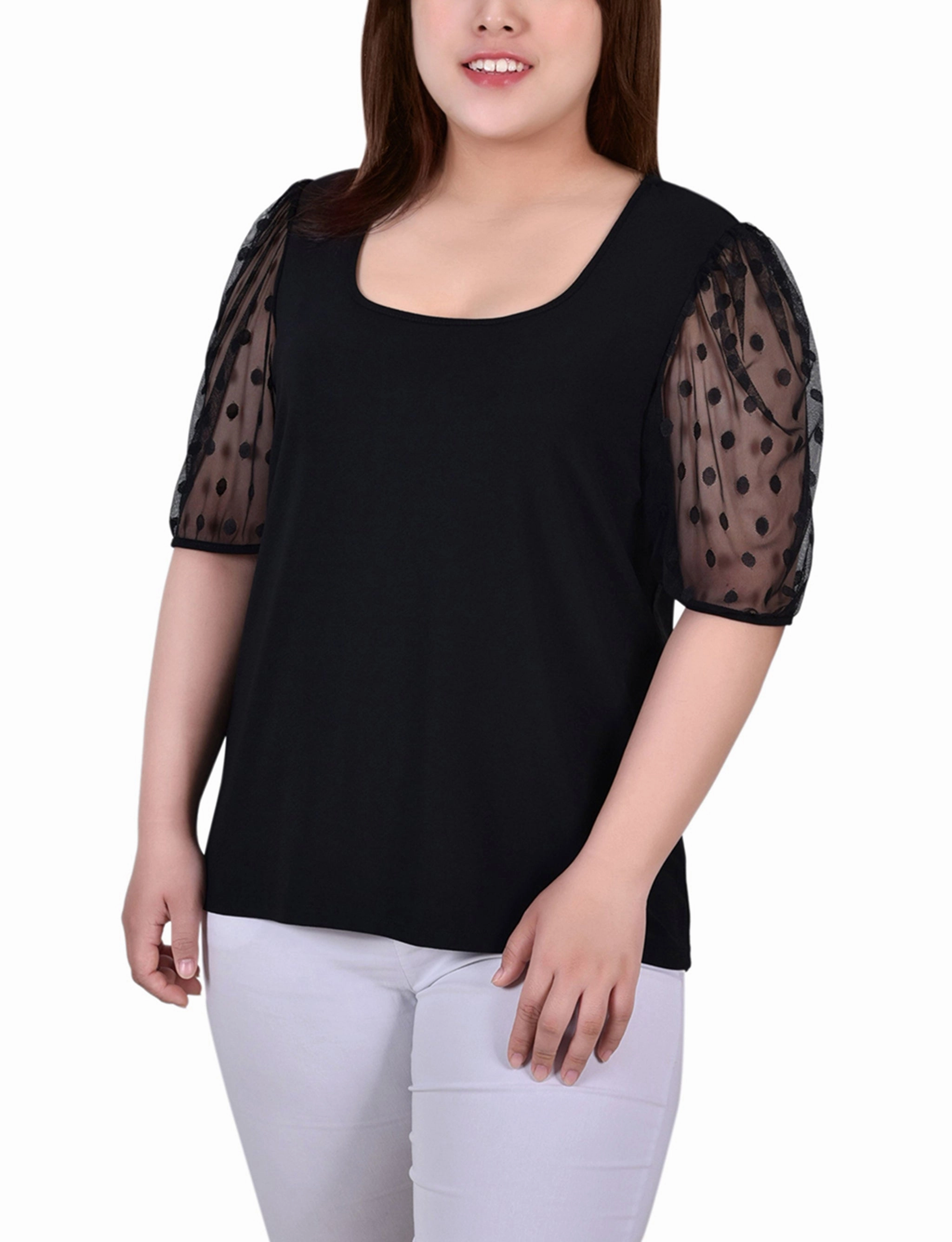 Buttonless Closure Summer Sweater Plus Size Elbow Sleeve Crepe Top With Mesh Dotted Sleeves