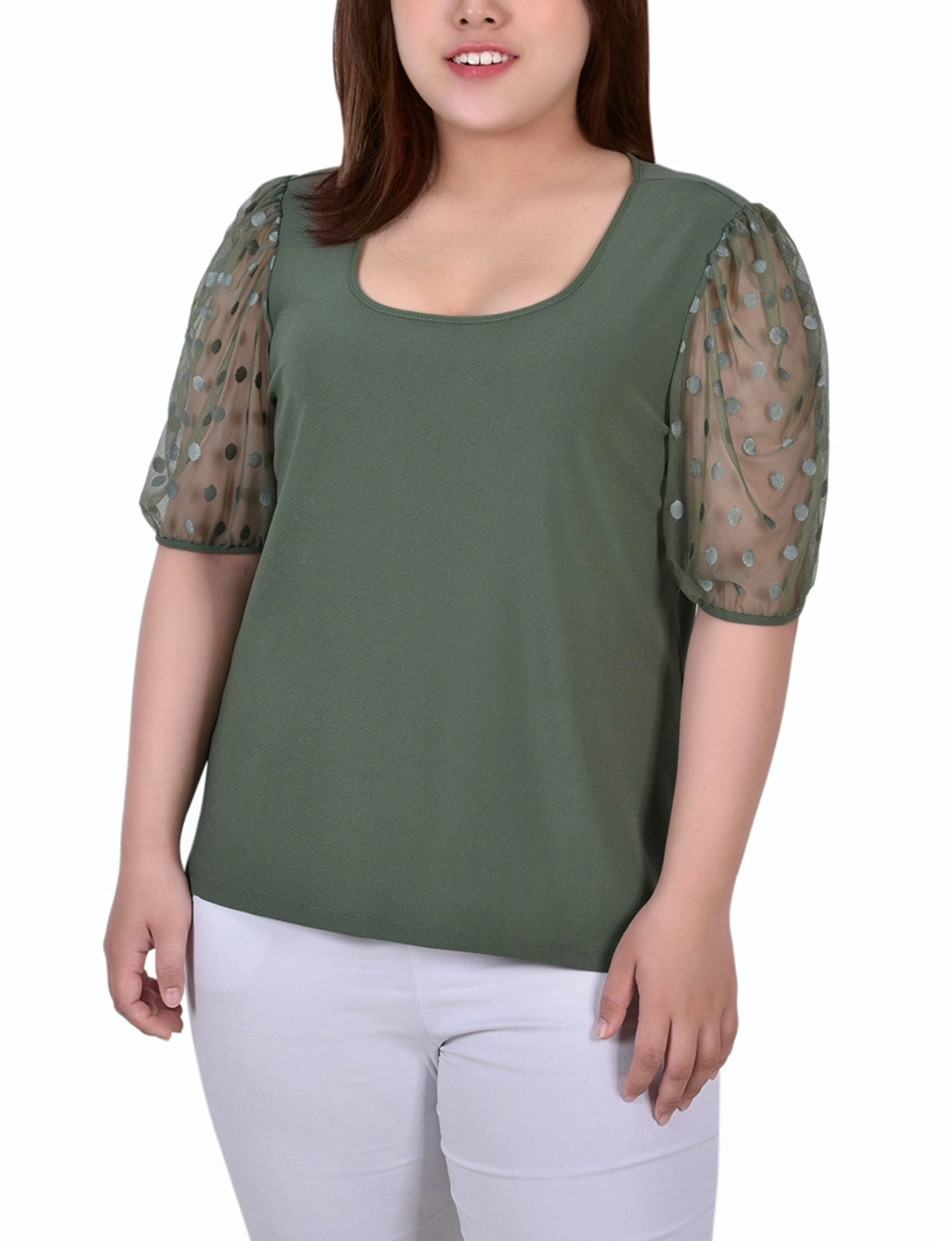 Light Base Plus Size Elbow Sleeve Crepe Top With Mesh Dotted Sleeves