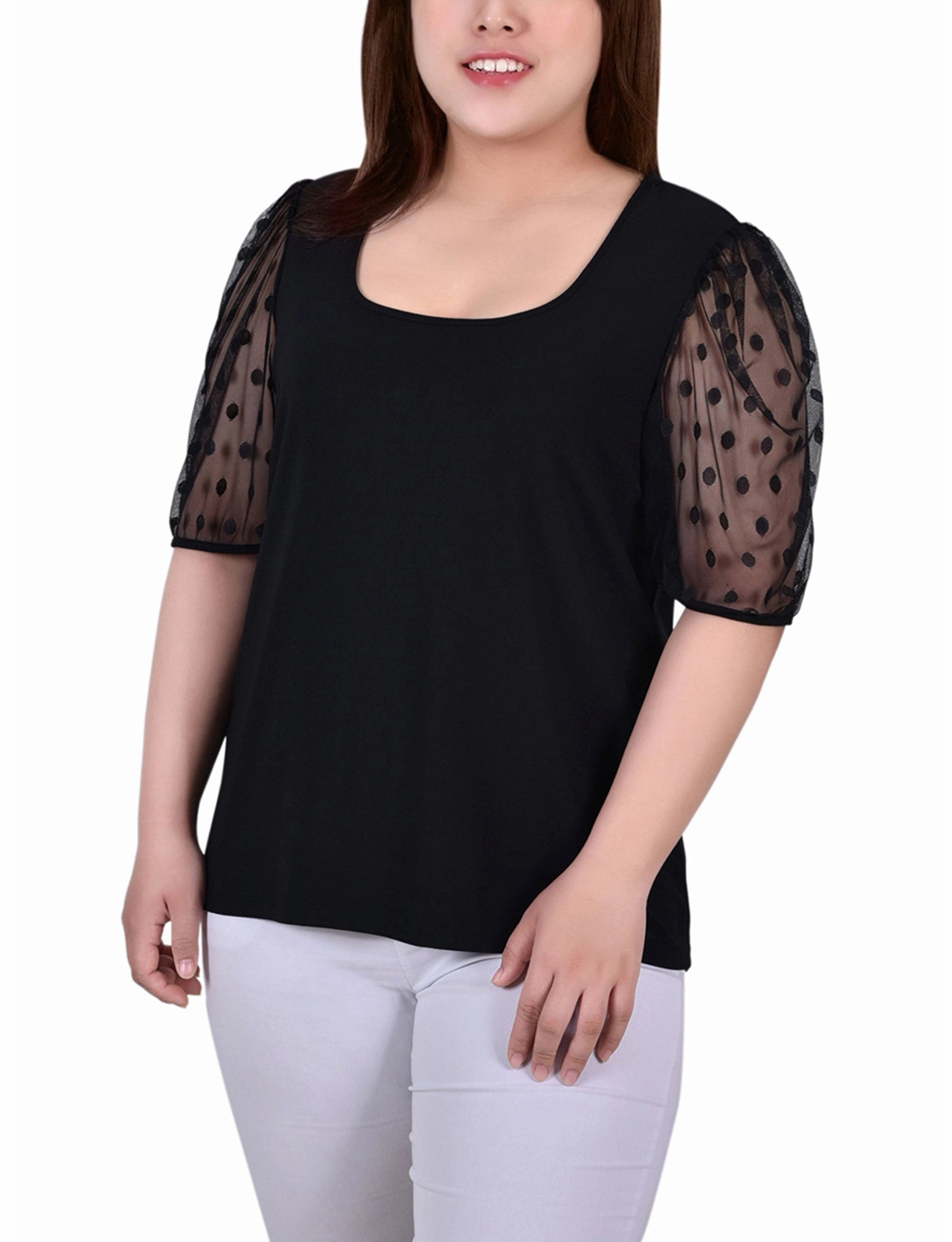 MicrofiberTech Wool Sweater Plus Size Elbow Sleeve Crepe Top With Mesh Dotted Sleeves
