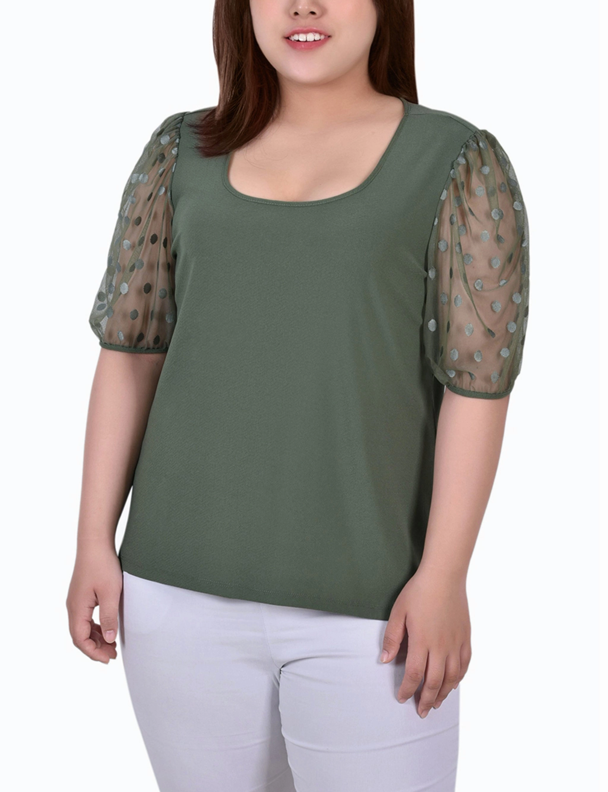 Modern and Stylish Plus Size Elbow Sleeve Crepe Top With Mesh Dotted Sleeves