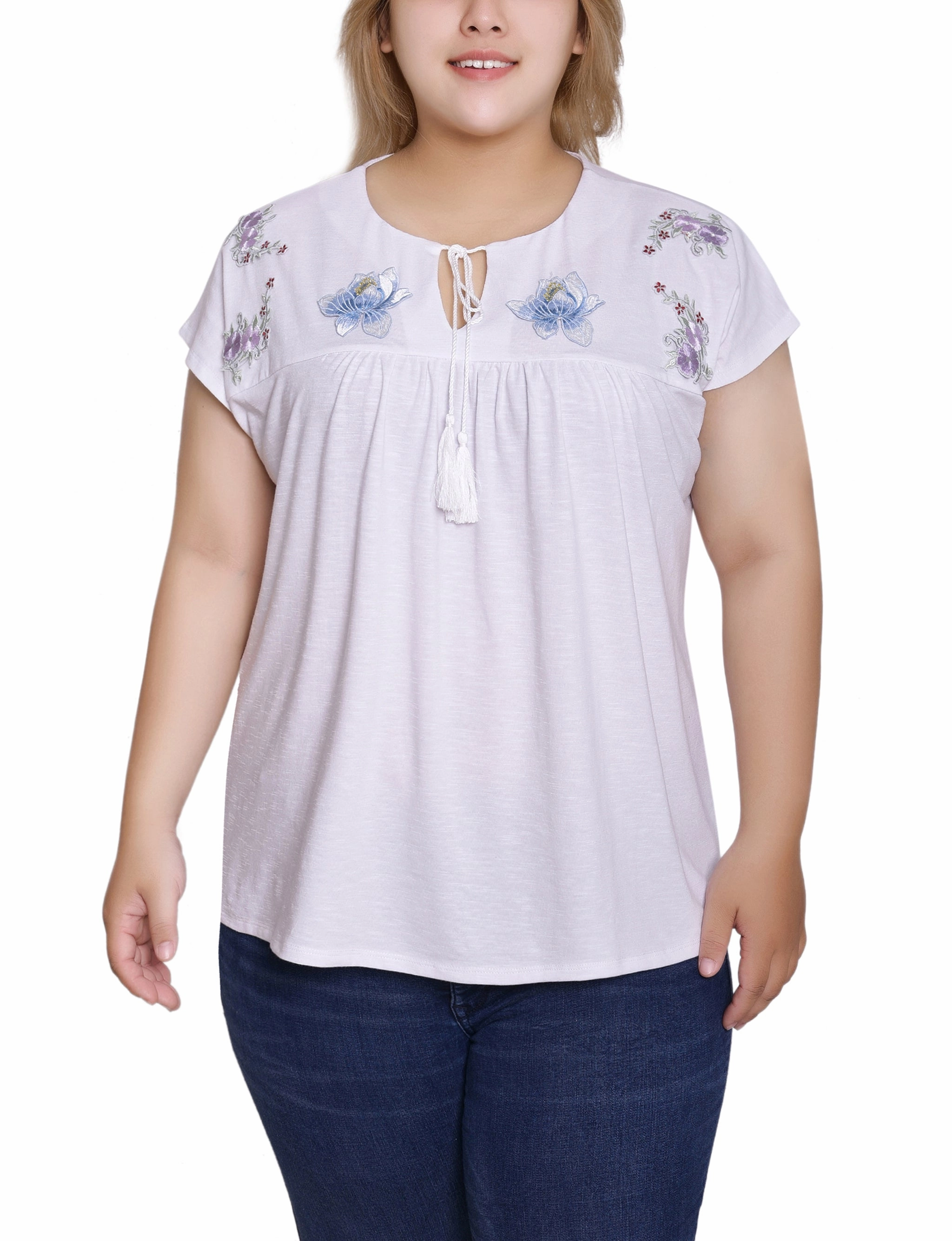 Stretch Blouse LayeredDurability Plus Size Embroidered Yoke Extended Sleeve Top