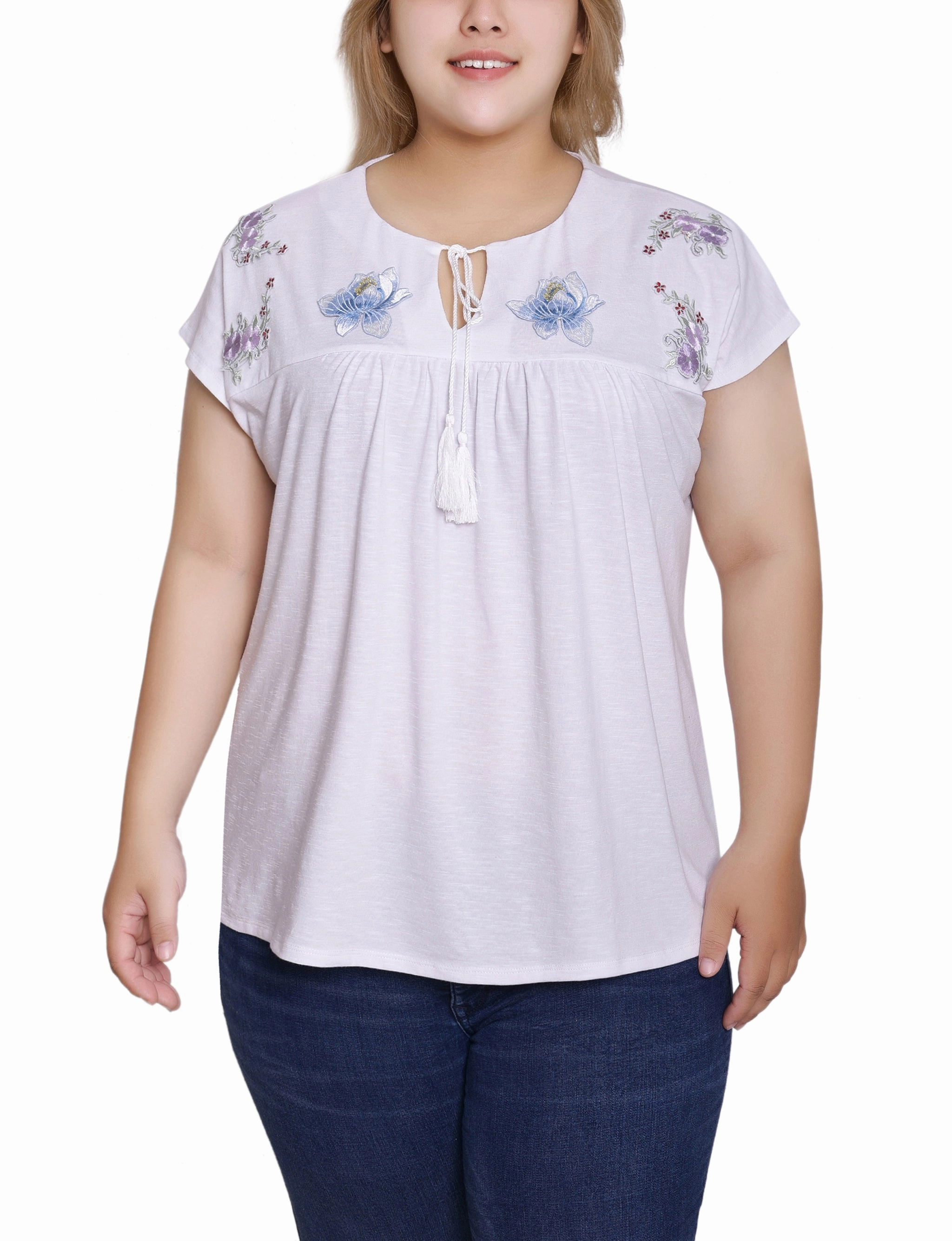 Cool Fabric Non Chafe Armholes Plus Size Embroidered Yoke Extended Sleeve Top